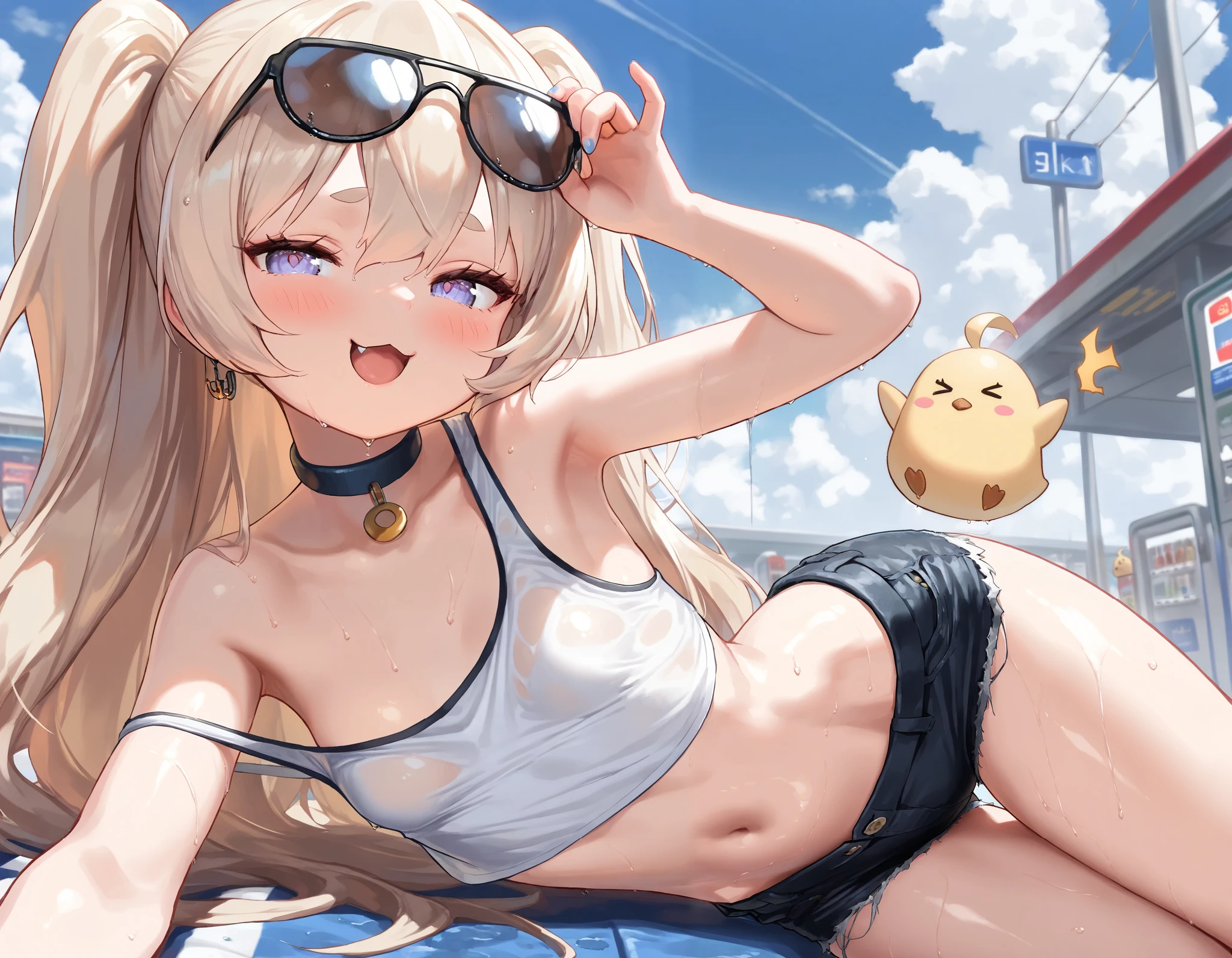 score_9, score_8_up, score_7_up, (Masterpiece), (best quality), (8K), (super detail:1.2), (High Definition:1.3), (best quality), (4k), (8k), (highres), (masterpiece:1.2), (ultra-detailed), (sharp focus), (artwork), (azur lane), solo, , Bache (Azur Lane), wet body, wearing a white crop top, jean shorts, surrounded by manjuu (Azur Lane), in a gas station