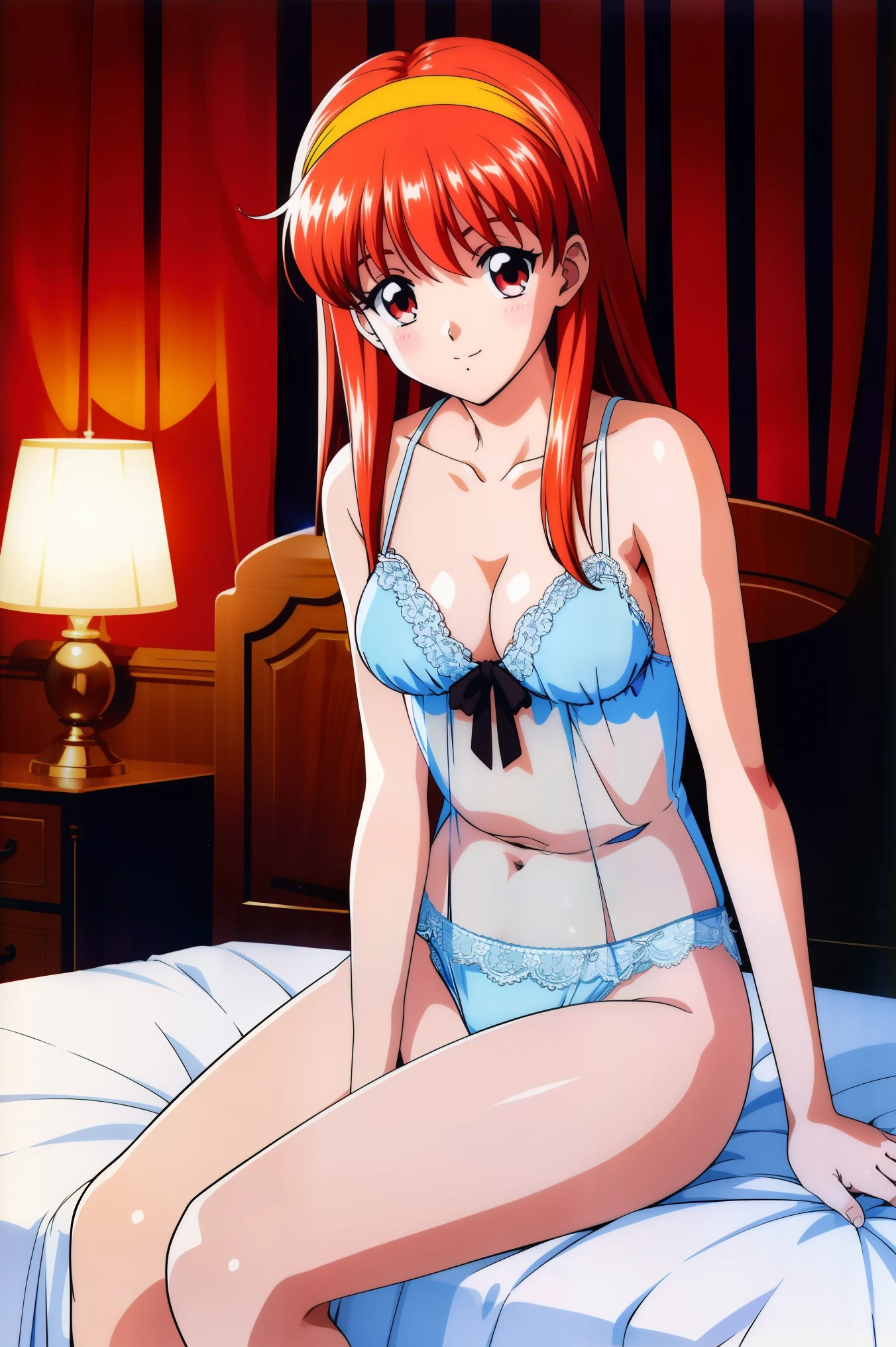 FujisaKishiori , Alone, (cowboy shot), Red Hair, long hair, Hair Band , red eyes, small breasts, cleavage in years, (Sexy black negligee:1.2), ( sexy pose), (Red cheeks:1.2), ( I'm ashamed), (blight smile:1.2), (sitting on the bed:1.2), (bedroom:1.2), ( luxury hotel:1.2), score_9, score_8_superior, score_7_superior, source_anime, (best quality1.2), 細部までこだわったanime, high quality , full color, 8k, high resolution, nsfw