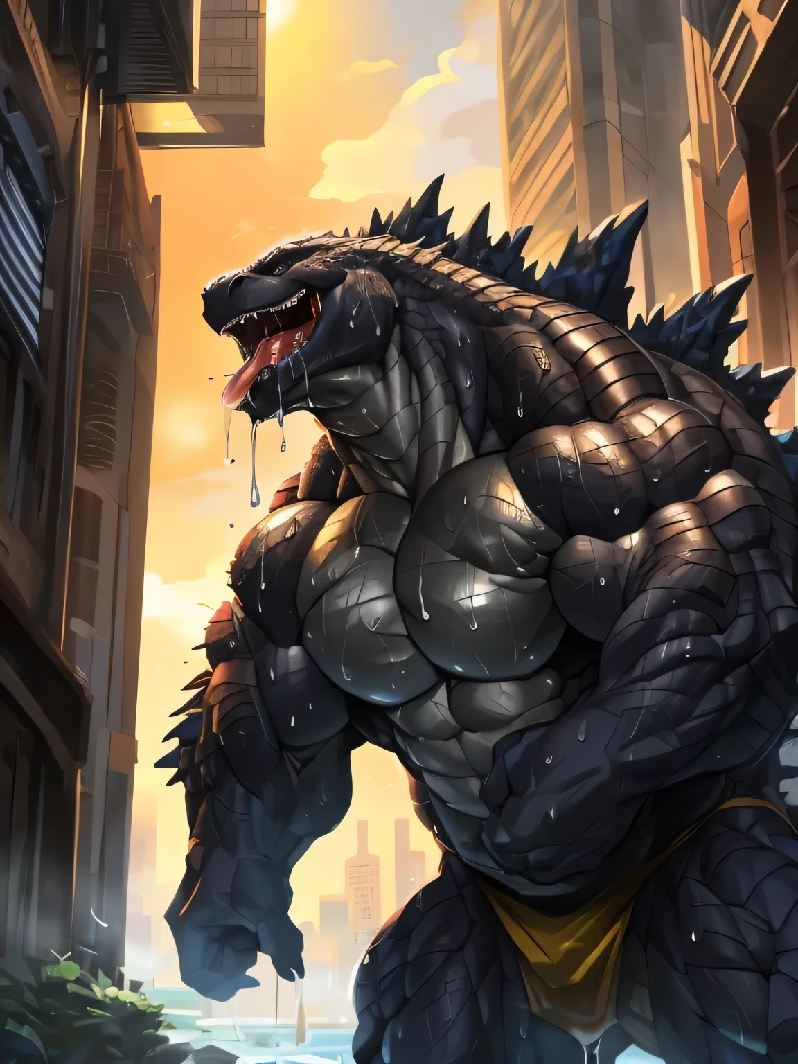  viewed from angle of inclination , close angle view ,  night view ,  standard height    ):1,     GodzillaXP    ,         adult        ,     mature    ,       , (    Godzilla ratio    ):0.5, (    Correct Anatomy    ):1, blood vessel   ,  wearing open    chest , ultraDetail, (bởi wfa    ), ( by Traver009        ,     by grimfaust    ),   natural light  ( city background ), (Sweat:1.4, wet:1.6), (lots of Sweat flowing down) exhausted, white dragon  , dragon head ((open    :    1 eyes    , Detail):1.2),  ( water vapor uplift   :1.2, drooling    , dripping saliva,     solid saliva   )    tongue out     , ( :1.4)  manifestation ), he holding upper abdomen and laughing