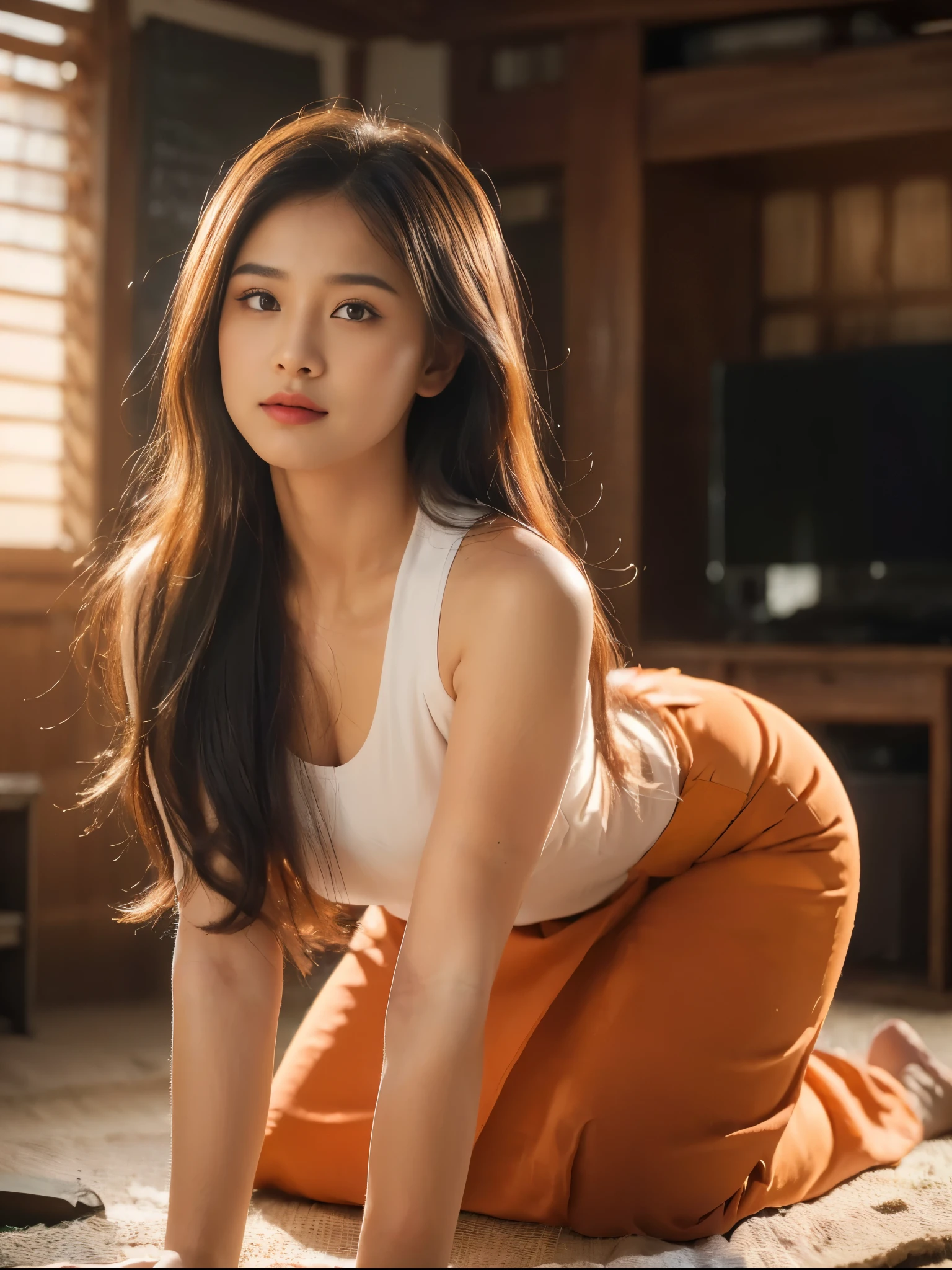 ((Best Quality, 8k, Masterpiece:1.3))), Crisp Focus: 1.2, (Beautiful Woman with Perfect Figure: 1.4) , wearing ninja mask, Burmese girl,all fours down, ,((Myanmar Teacher And Student Outfit, wearing acmm Pale Orange color top,wearing acmm dark red colour long skirt, ))beside view,In the forest background ,film effect 、best position,best composition, perspective view, ultra wide view,(best quality,4K,8K,highres,masterpiece:1.2),ultra-detailed,(realistic,photorealistic,photo-realistic:1.37),HDR,studio lighting,sharp focus,