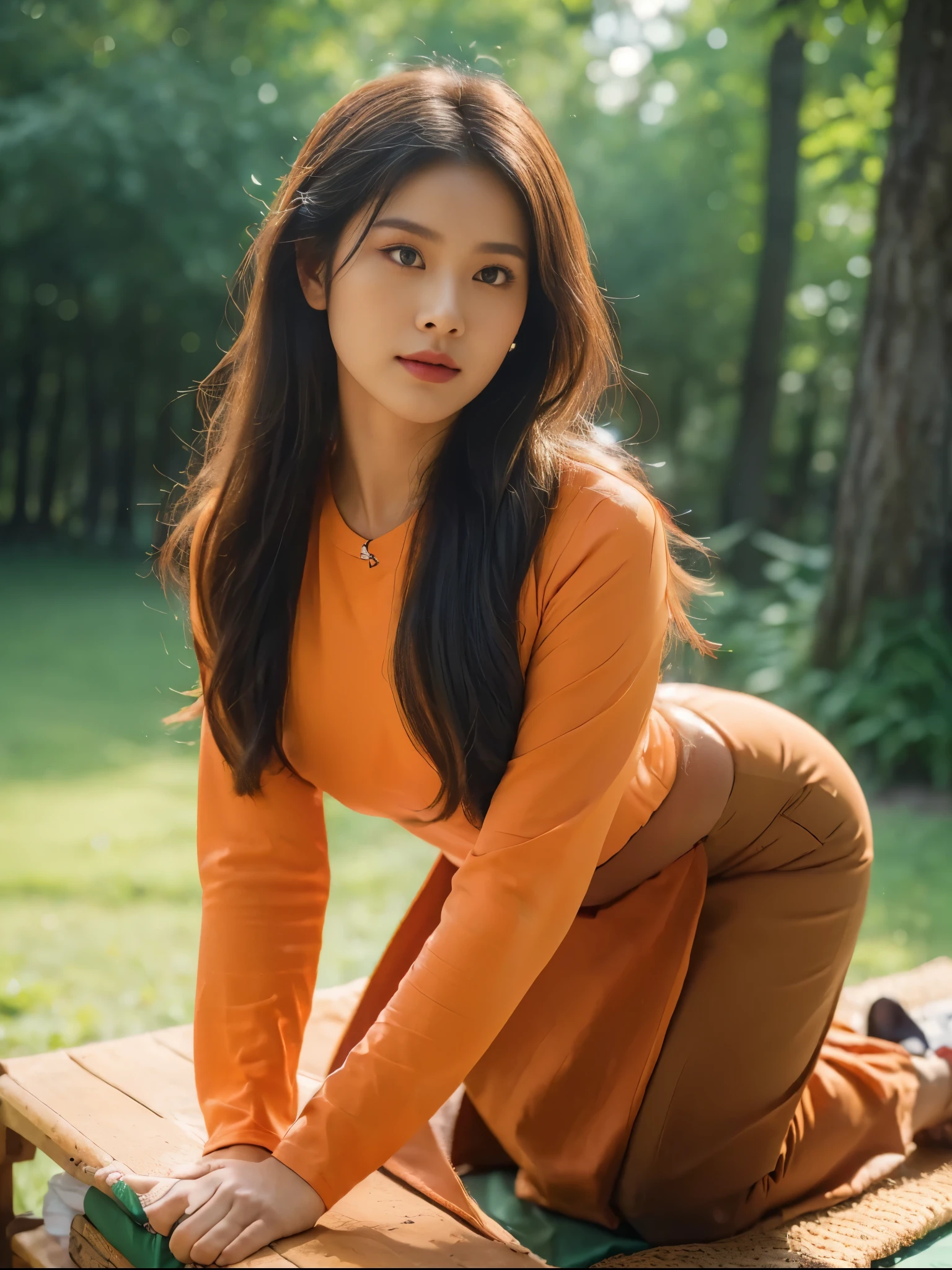 ((Best Quality, 8k, Masterpiece:1.3))), Crisp Focus: 1.2, (Beautiful Woman with Perfect Figure: 1.4) , wearing ninja mask, Burmese girl,all fours down, ,((Myanmar Teacher And Student Outfit, wearing acmm Pale Orange color top,wearing acmm dark red colour long skirt, ))beside view,In the forest background ,film effect 、best position,best composition, perspective view, ultra wide view,(best quality,4K,8K,highres,masterpiece:1.2),ultra-detailed,(realistic,photorealistic,photo-realistic:1.37),HDR,studio lighting,sharp focus,