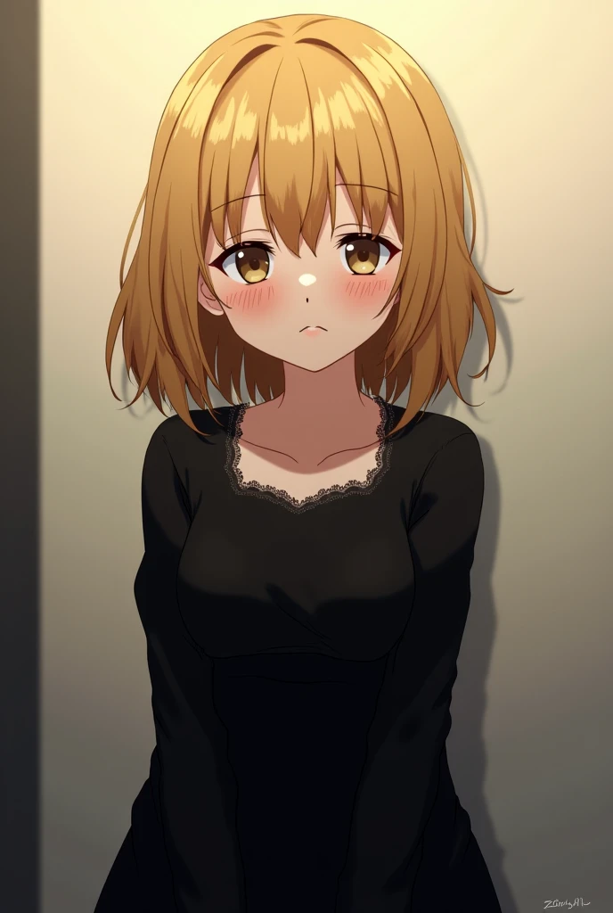 ((masutepiece, Best Quality, hight resolution, nffsw, Perfect Pixel, depth of fields, 4K, )), 1girl in, Solo, , Beautiful anime girl, Beautiful Art Style, 
squatting:1.3, bathroom background, Looking at viewer. 
Perfect body, serious face, show teeth, front facing:1.4,

isshiki iroha, medium breasts, Full face blush, black stockings, yellow dress, black platrorm heels,
straight-on:1.3, medium shot