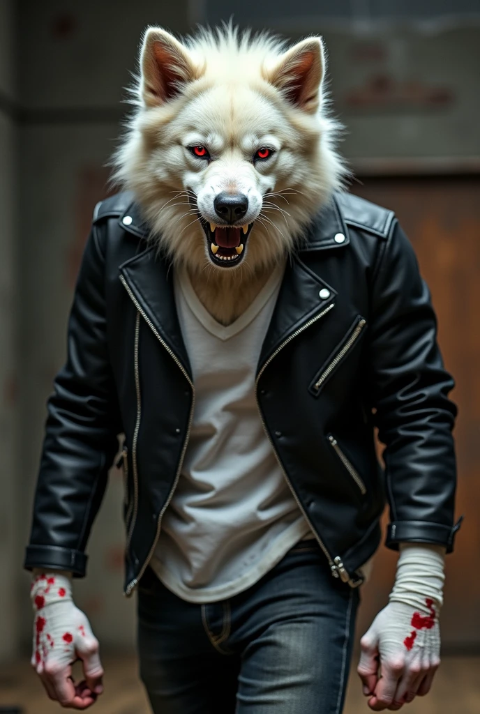 A pale vampire with a human body and a werewolf-headed hybrid, with a muscular body and wearing a black leather jacket with a white ripped t-shirt underneath and jeans with a belt where he carries a sword and chains around his neck