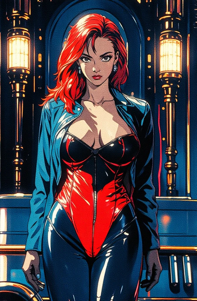 ((1girl, Miss Sara Bellum), (extremely detailed CG unit 8k wallpaper),(master part), (best quality), (ultra detail), (best illustration),(jim lee), cowboy shot, (Sharp eyeliner, ombre, detail eyes:1), landscape, building, outdoors background, ,break , (city scene), upper body, standing, (curly hair, wavy hair, long hair, orange hair, mole, mole on breast, medium breasts, hourglass figure, head out of frame, red lips, black choker, jewelry, red dress, collared dress, long sleeves, red pencil skirt, red garter straps, thighhighs))