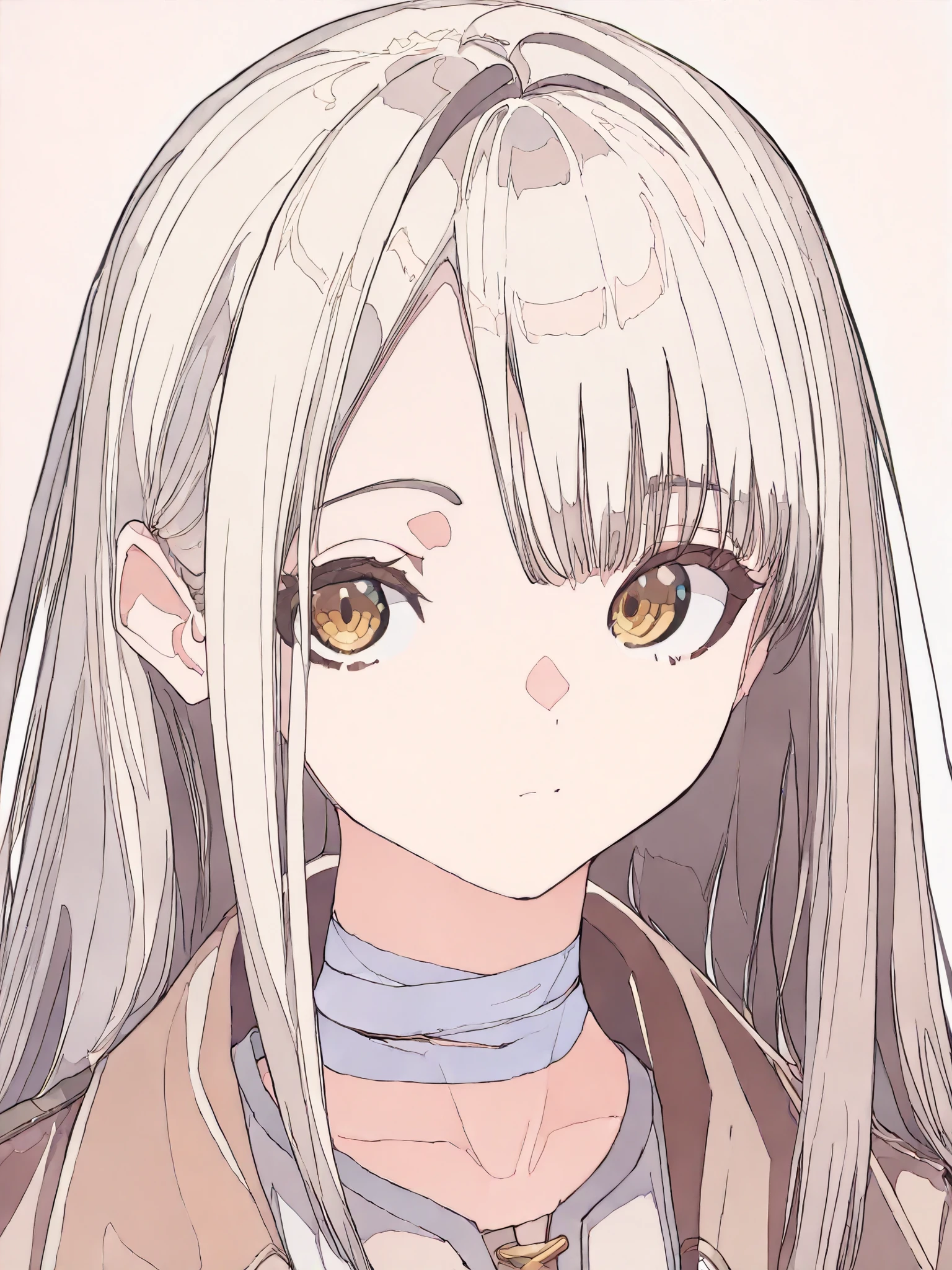 ((  artist  :Cogecha):1.25),(( artist :KEI):1.1),pale white background, Character Portrait,(8k, best quality,  masterpiece:1.2),\(Eye details\),\(Facial features details\),(\( Clothes Details Details\)\),(1 Girl:1.3),(shinosawa_Hiro) ,bright yellow eyes, thin girls ,Slimness ,( beautiful girl) ,small breasts,(bandages cover the neck：1.1),(English heavy leather coat:1.2),whire shirt, anatomically correct,  Very detailed,  Simple Background , illustration, 