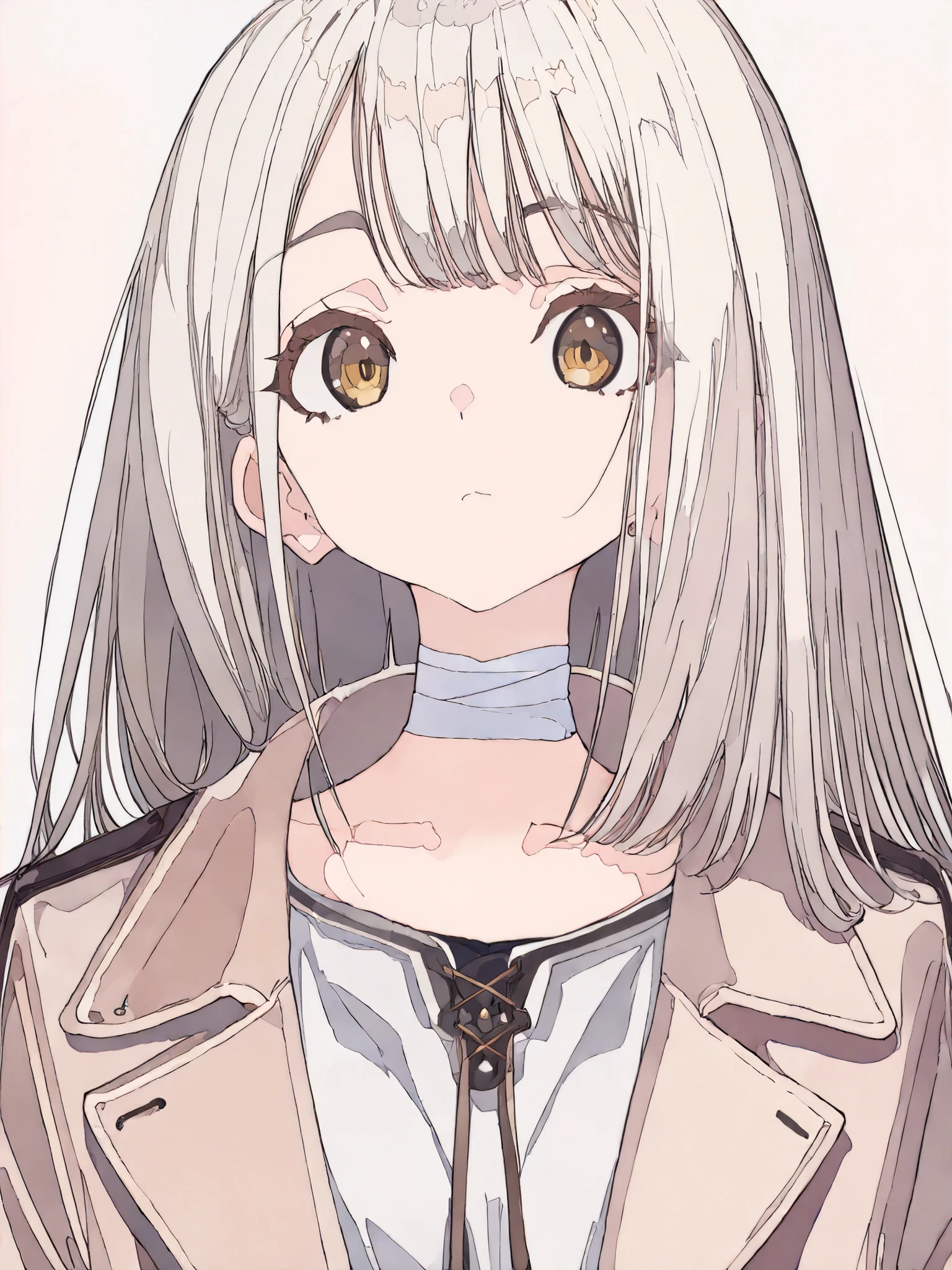 (( artist :Cogecha):1.25),(( artist :KEI):1.1),pale white background, Character Portrait,(8k, best quality, masterpiece:1.2),\(Eye details\),\(Facial features details\),(\( Clothes Details Details\)\),(1 Girl:1.3),(shinosawa_Hiro) ,bright yellow eyes, thin girls ,Slimness ,( beautiful girl) ,small breasts,(bandages cover the neck:1.1),(English heavy leather coat:1.2),whire shirt, anatomically correct, Very detailed, Simple Background , illustration,