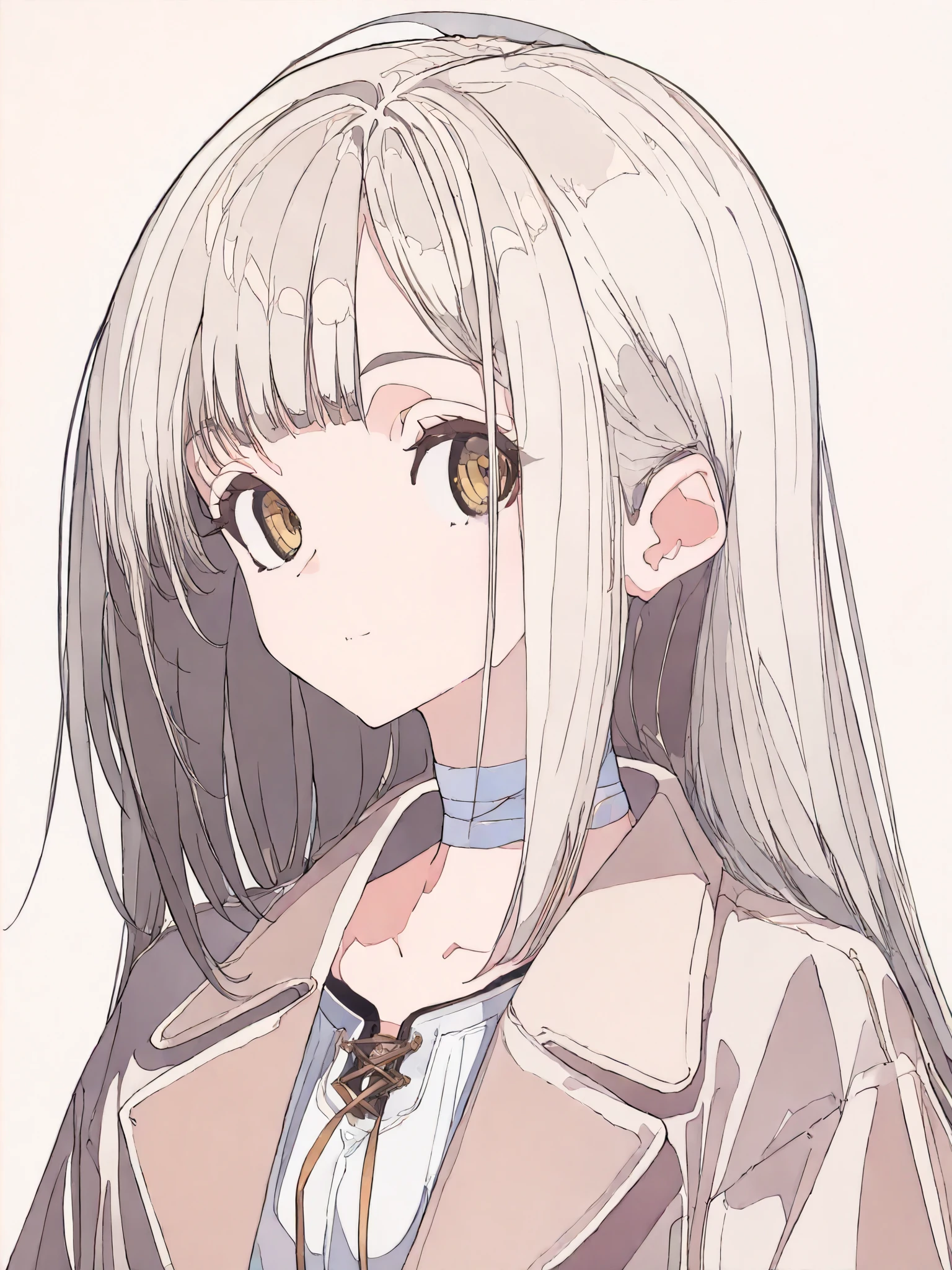 (( artist :Cogecha):1.25),(( artist :KEI):1.1),pale white background, Character Portrait,(8k, best quality, masterpiece:1.2),\(Eye details\),\(Facial features details\),(\( Clothes Details Details\)\),(1 Girl:1.3),(shinosawa_Hiro) ,bright yellow eyes, thin girls ,Slimness ,( beautiful girl) ,small breasts,(bandages cover the neck:1.1),(English heavy leather coat:1.2),whire shirt, anatomically correct, Very detailed, Simple Background , illustration,