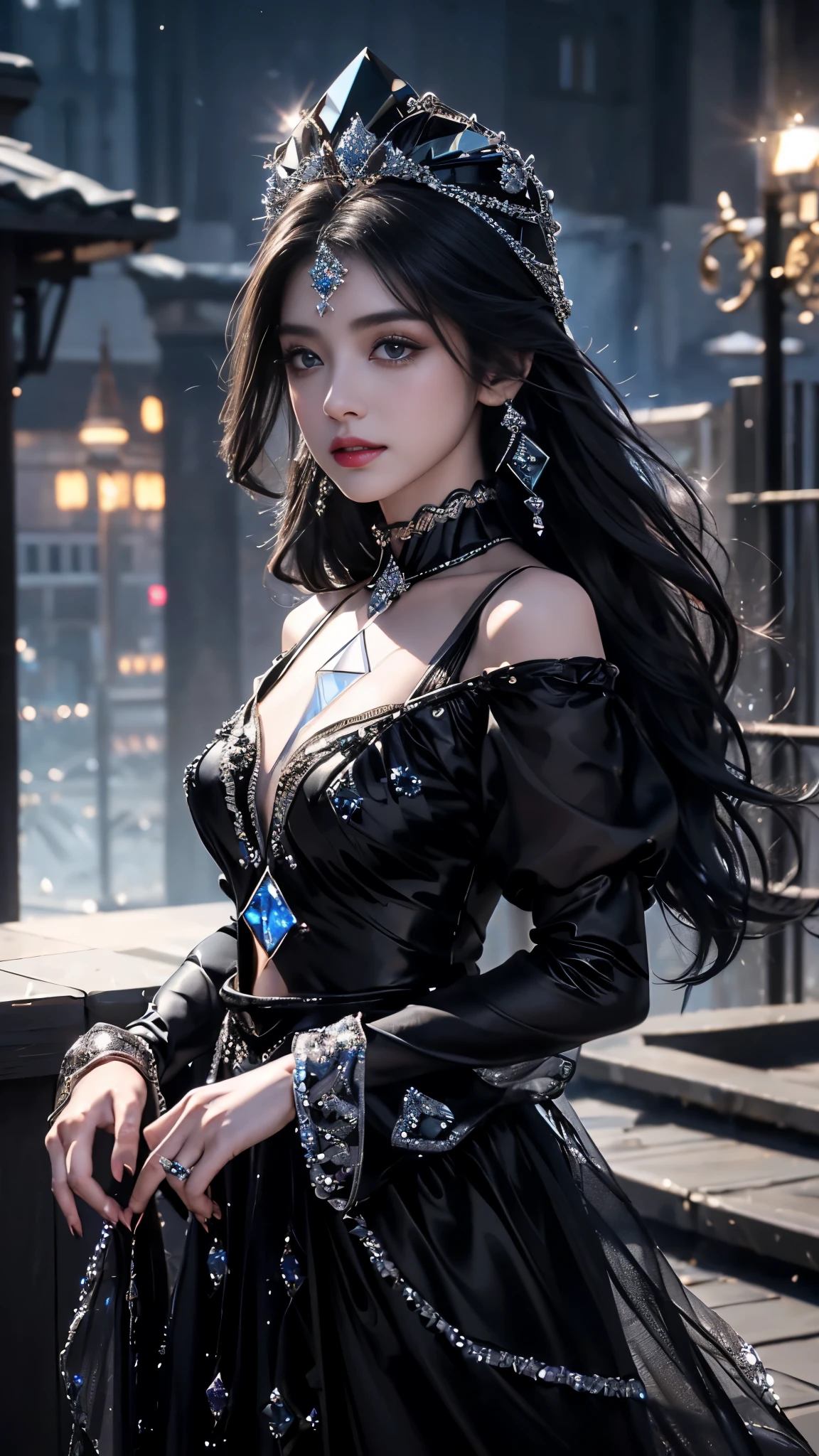 1 girl, good face, ultra long hair, detailed eyes, detailed lips, small breasts, (crystal outfit:1.5), translucent lace, (crystal ornament:1.5), (black crystal outfit :1.5), Take photos by the crystal, ultra-realistic realism, color field printing, high details, hyper HD, cinematic lighting, 4k quality, sitting,