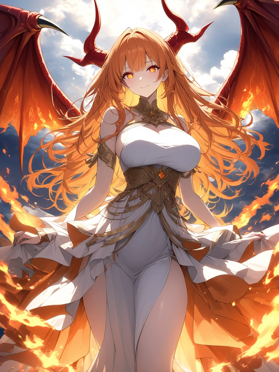 Masterpiece, Very detailed, ultra detailed, one, (1 woman), She is in a white Greek dress with orange details and in an elegant pose, long hair, blood-red hair and parting on the sides, red demonic horns, red dragon wings, beautiful, charming, bright fiery eyes (orange), elegant, large breasts(huge), light smile, charming, against the background of a huge flame and clouds.