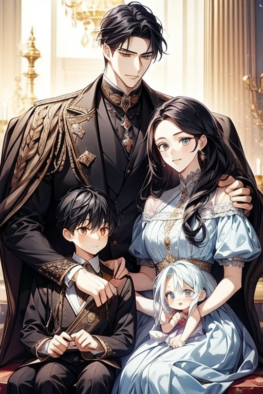 fantasy manhwa cover, family, royal, elegant, good looking, 4 persons, detailed, 4k, the father has his a chibi daughter on his lap and his black-haired son beside him, his wife is next to him, all smiling like a family.