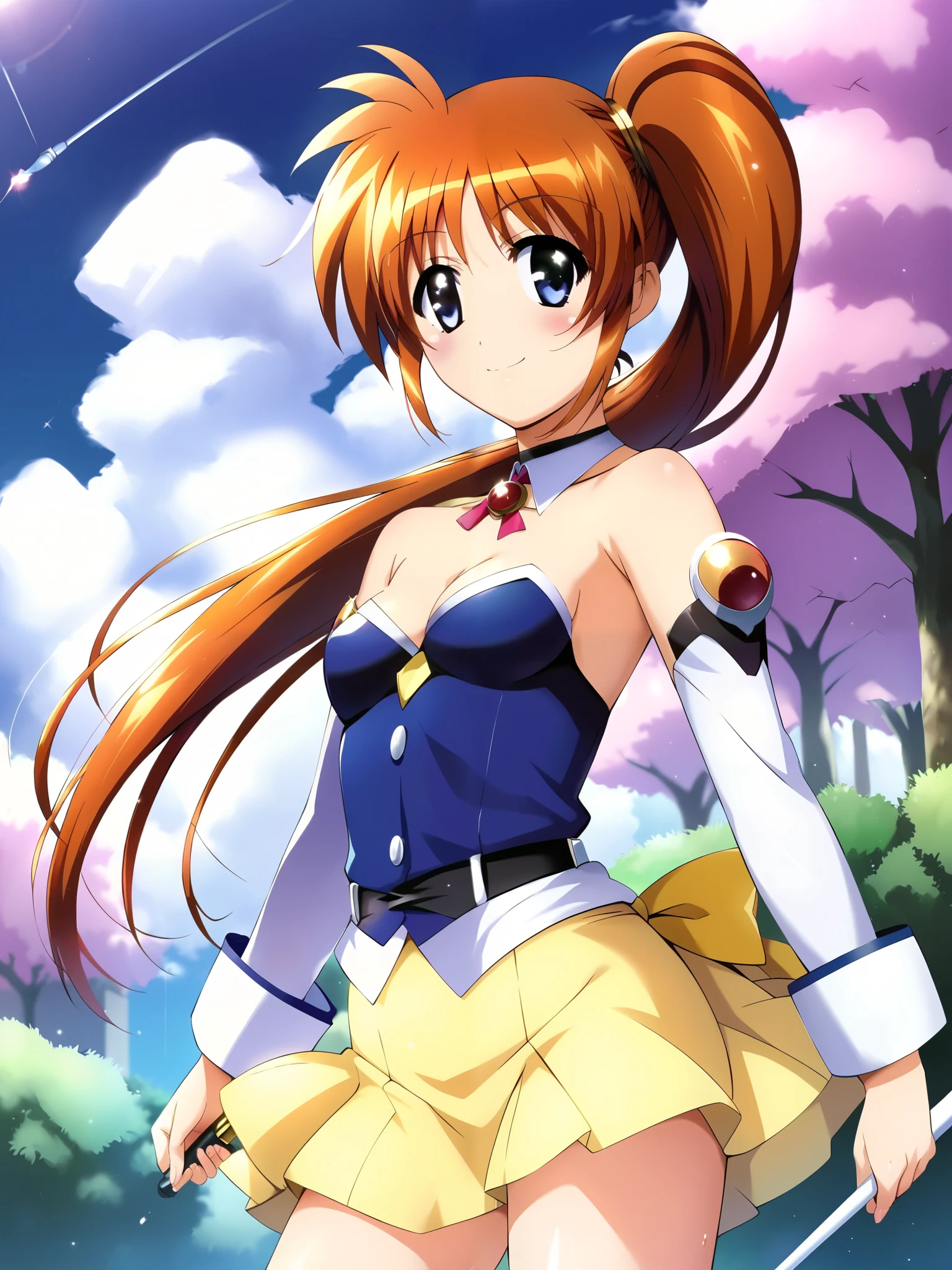 Nanoha, Alone, (cowboy shot), small breasts, (Magical girl), ( sexy pose), (Holding a walking stick), (Red cheeks:1.2), cleavage, (bright smile:1.1), (outdoor), score_9, score_8_superior, score_7_superior, source_anime, (best quality:1.2), 細部までこだわったanime, high quality , full color, 8k, high resolution