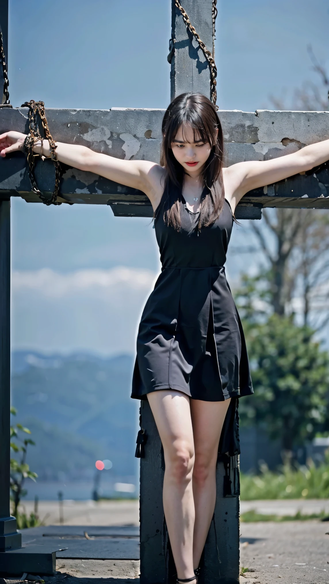 ((crucifixion)),(cross),(execution),((incontinence)),Bruises on the face,facial scars,syncope,((Woman in crucifixion at the cross:1.5)),crucifixion刑,black sleeveless dress,angry face, pale skin, goth makeup, dark armpits, Bruises on the face or body,masterpiece、highest quality, 超High resolution, (reality: 1.4), (Ultra-realistic)、(High resolution)、(8k)、(very detailed)、(Super detailed)、underground、professional lighting、((chain binding arms))、((full body image)),tights、dark background