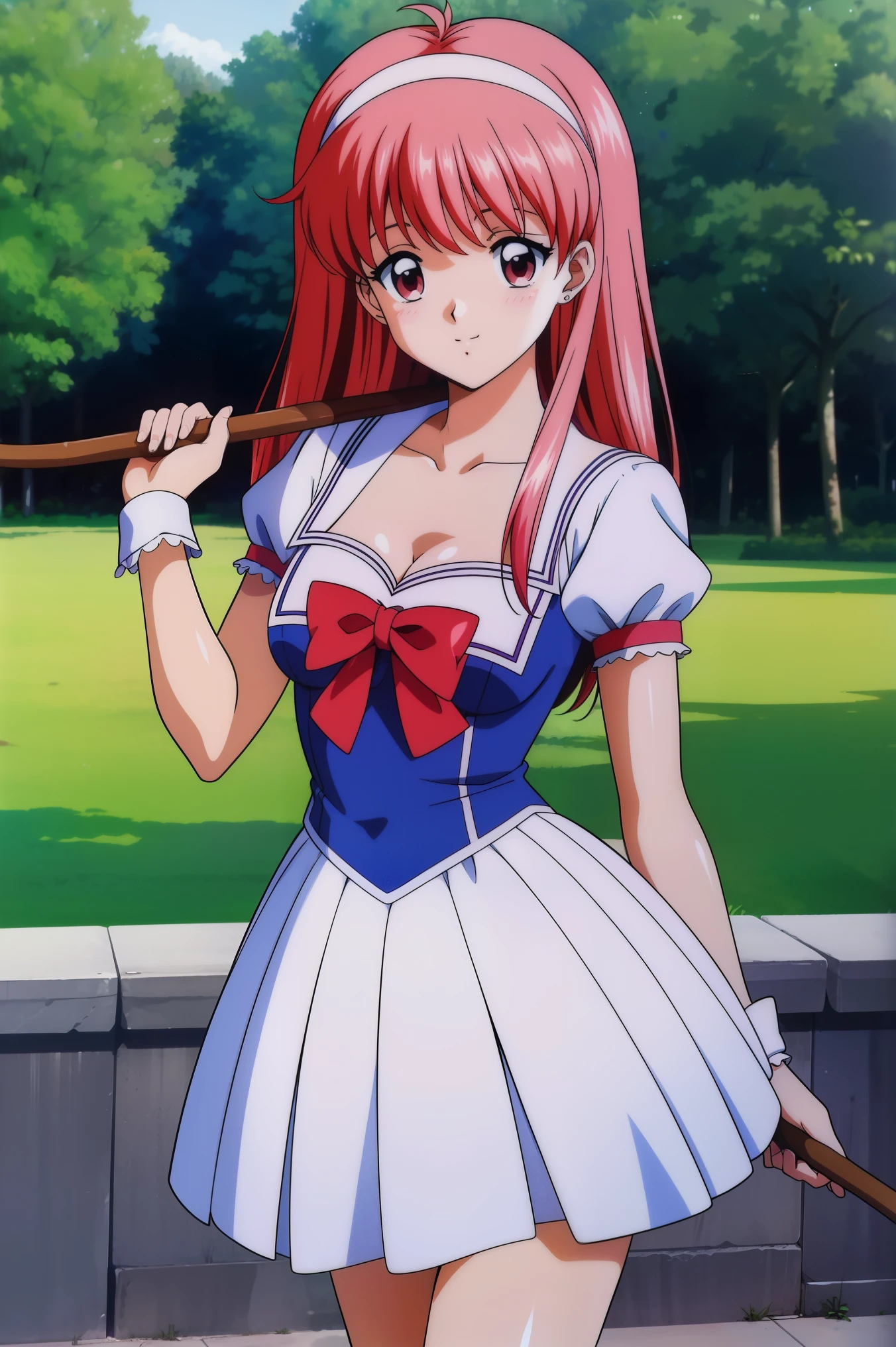 FujisaKishiori , Alone, (cowboy shot), Red Hair, long hair, Hair Band , red eyes, small breasts, (Magical girl), ( sexy pose), (Holding a walking stick), (Red cheeks:1.2), cleavage, (bright smile:1.1), (outdoor), score_9, score_8_superior, score_7_superior, source_anime, (best quality:1.2), 細部までこだわったanime, high quality , full color, 8k, high resolution