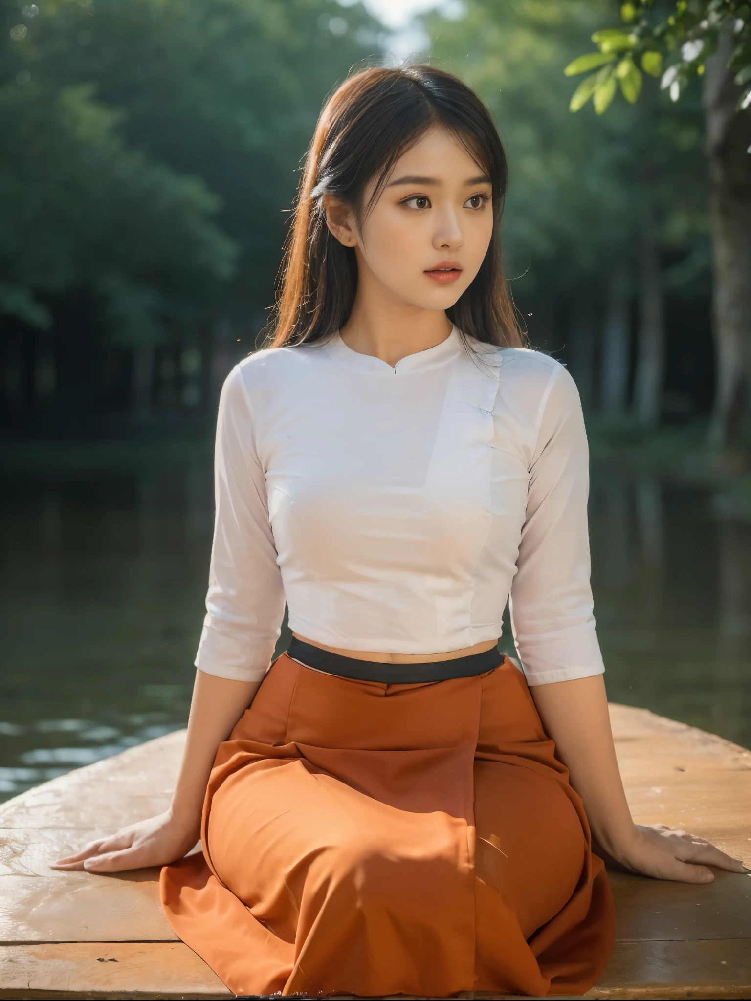 ((Best Quality, 8k, Masterpiece:1.3))), Crisp Focus: 1.2, (Beautiful Woman with Perfect Figure: 1.4) , wearing ninja mask, Burmese girl,all fours down, ,((Myanmar Teacher And Student Outfit, wearing acmm Pale Orange color top,wearing acmm dark red colour long skirt, ))beside view,In the forest background ,film effect 、best position,best composition, perspective view, ultra wide view,(best quality,4K,8K,highres,masterpiece:1.2),ultra-detailed,(realistic,photorealistic,photo-realistic:1.37),HDR,studio lighting,sharp focus,