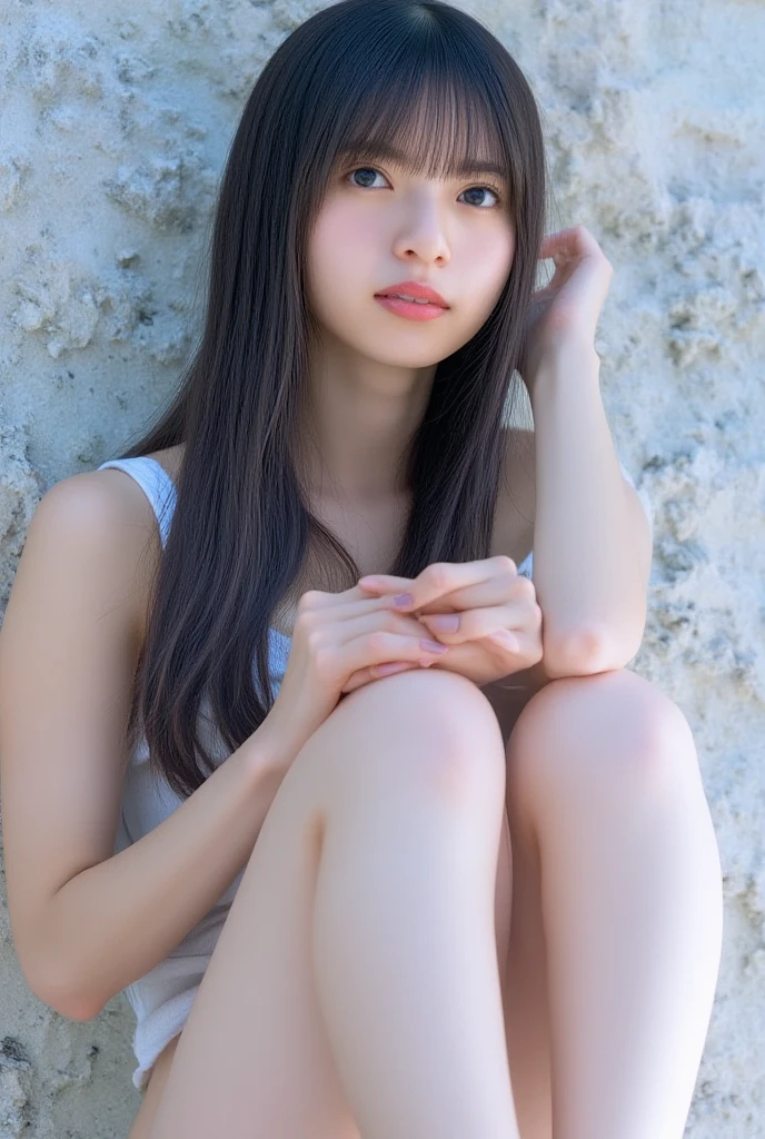 best quality, detailed, beautiful, insanely detailed, absurdres,perfect anatomy,
Japanese woman,black hair,27 years old,
(slender),
(small breasts best quality),(sit and hug your knees:1.4),(Wearing white panties),(Panties are visible)