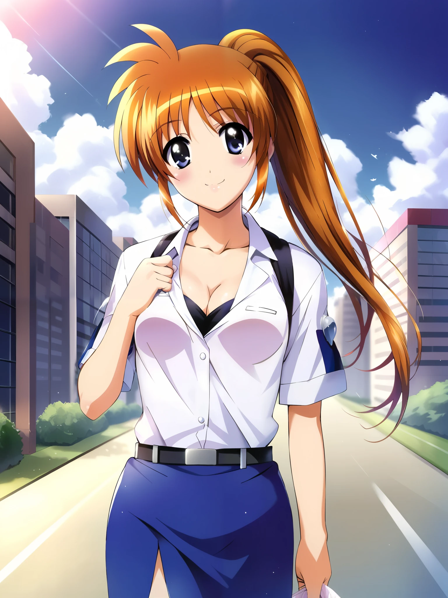 Nanoha, Alone, (cowboy shot), small breasts, (flight attendant), ( sexy pose), (Red cheeks:1.2), cleavage, (bright smile:1.1), (Boarding gate ), (Airfield), score_9, score_8_superior, score_7_superior, source_anime, (best quality:1.2), 細部までこだわったanime, high quality , full color, 8k, high resolution
