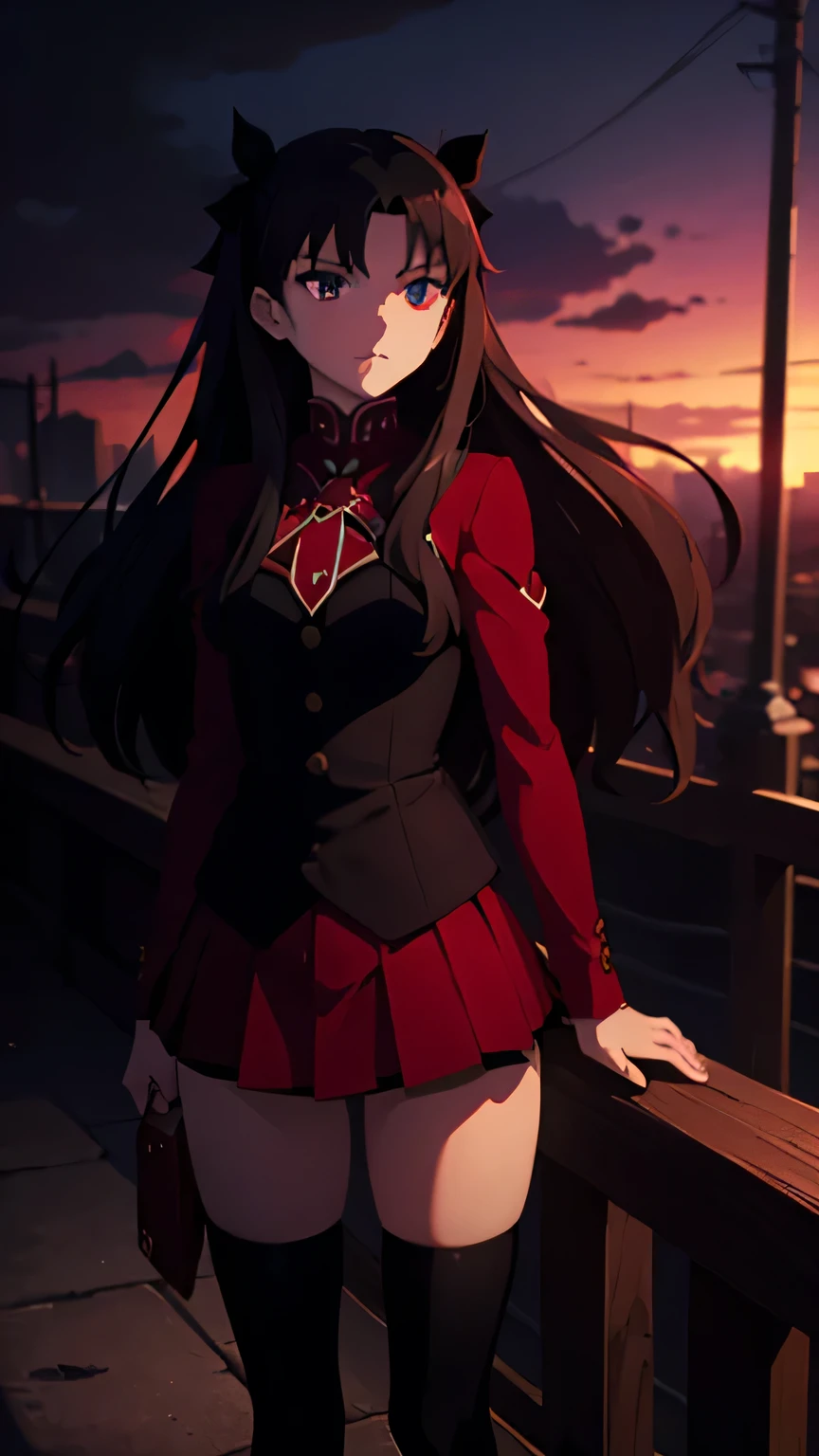tohsaka rin; long and beautiful thighs and legs;mistress pose; staring on sky; mini-skirt; full stockings; aesthetic; bohemian; realistic; skinny fit; emo; ; night winter city background; Dark fantasy ; focus on hips; goddess; beautiful solo girl; epic scene;