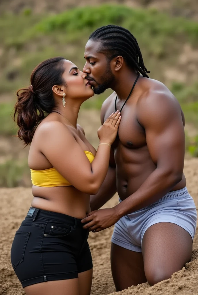 In a beautiful bright African village, under the moonlit night sky, a beautiful busty curvy Igbo girl dressed in native short Ankara skirt, and bra, kissing a fit sexy shirtless igbo man with Ankara shorts while he put his hand inside her skirt. Make it photoreal and 3D rendered.