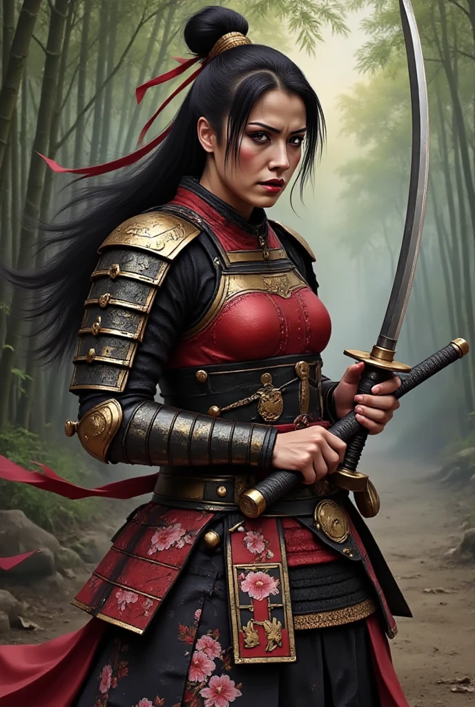 ((8k portrait of beautiful mixed Asian woman, side profile, masterpice, side lighting)), long hair, detailed light samurai armor, tired, bloody spear, darkness((blood red armor, black interior)), cinematic lighting, cherry blossoms, ashes, melancholy, award-winning photography, Popular on Deviant Art, Best of ArtStation, by WLOP, outdoor, oriental lighting