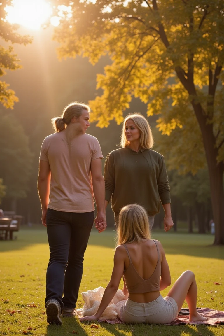 joven mujer de estatura de 1.58 metros, Brown hair, white skin and brown eyes holding the hand of a tall young man 1.91 meters tall with white skin and blonde hair and green eyes walking along a tree path
