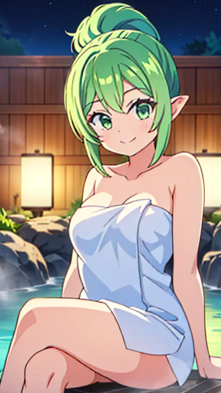 Three Elf two-dimensional beautiful girls,light blue hair,Hair style is twin tails,light blue eyes,white skin,breast,  beatiful nipple, smile,Thick body type,Hot spring,bathing naked, sitting, bear shoulders and arms, bear upper half of body, lower half of body is in the water,  looking at viewer, blush, smile, open mouth, bangs, hair between eyes, outdoors, day, water, tree, streaked hair,cherry blossoms, onsen,no-wearing, no-swimwear, no-underwear

