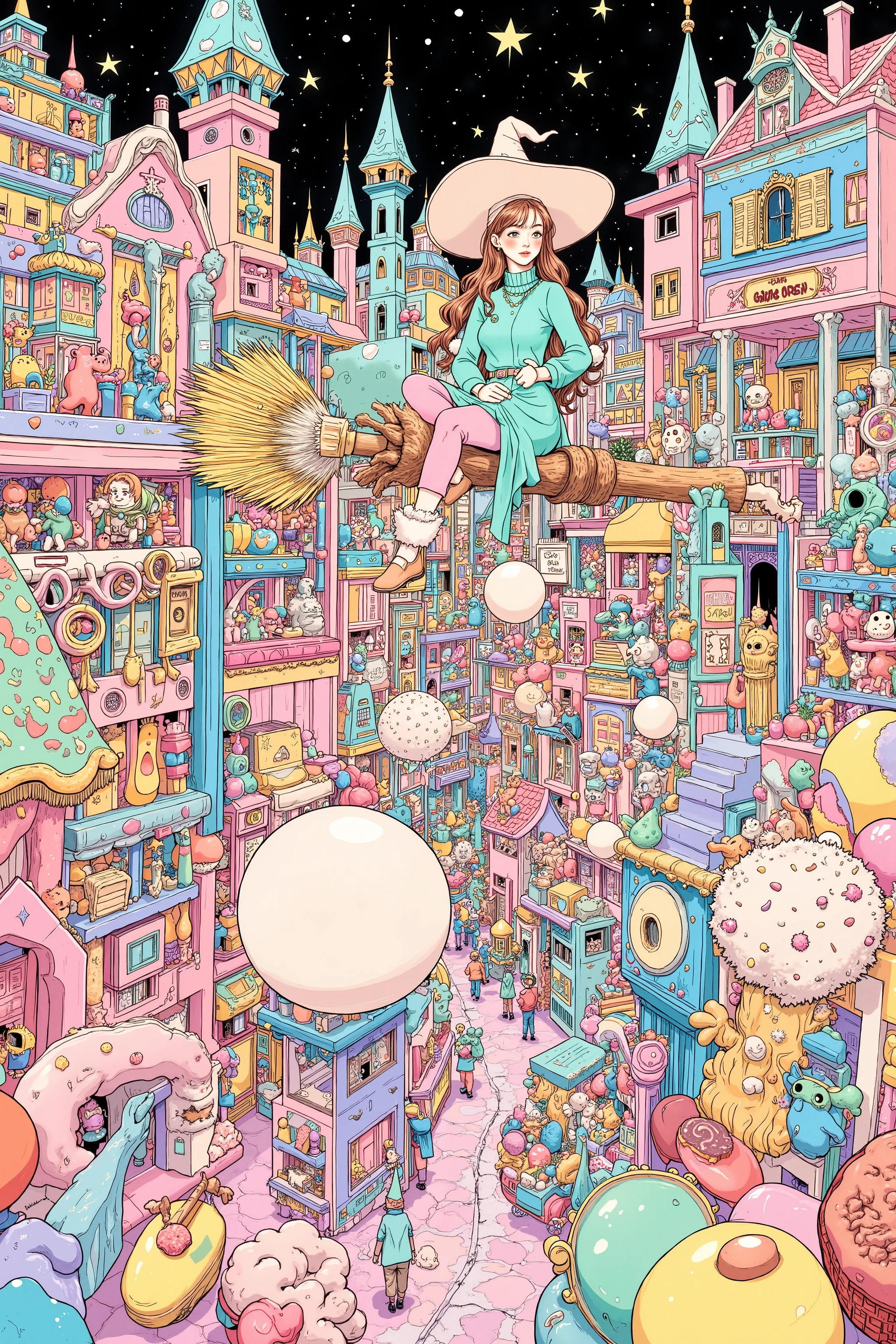 the girl in the flying wizard riding a broom,A girl and a dog look up at a town made of candy ,wizards and magic wands and triangular hats , mixed fantasy art ,Detail shot, Very Detailed Information , Full page illustration , EXTRA FINE INK DETAILS , very detailed pictures , extremely detailed image, Lots of Details , Britney Lee and James Jean mix soft light 4k , James Jean soft light 4k, in style James Jean , Detailed Information , James Jean !,A town with candy motifs ,donut,candy,Eat chocolate bar ,cookie, Various fruit-themed buildings