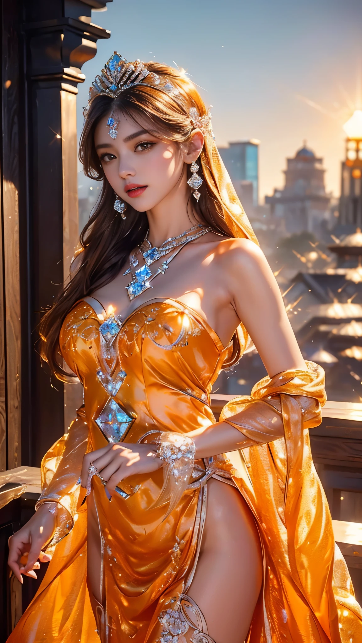 ((18-year-old girl)), Nice face, Very long hair, Fine grain, Detailed lips, Small breasts, ((Shiny clothes, Golden Clothing)), ((Cross Race)), Bare waist, sardine, ornament, jewelry, antique jewelry, loop, strap, Dim lighting, Spectacular views, ((Night view:1.5)), ((Realistic Moon)), Cherry Blossom, beautiful, rain, Flowers, butterfly, Water reflection, 4090 Graphics, (Unreal Engine 5), Ray Tracing, bloom effect, Front Pose,
information