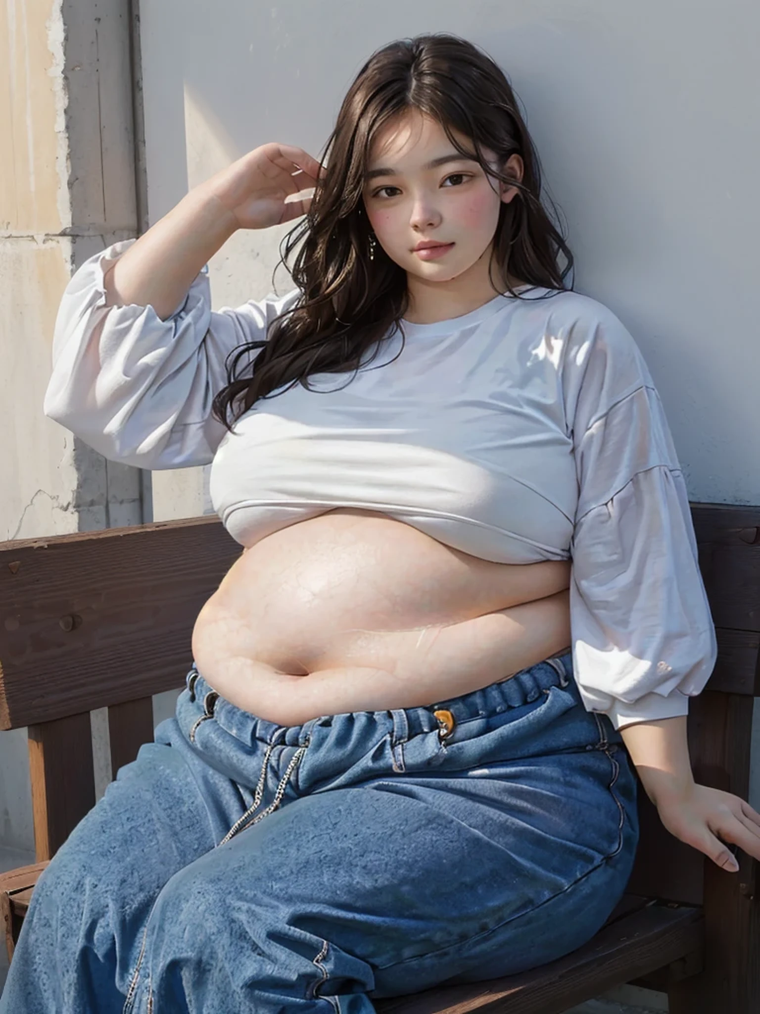 Une femme girafe assise sur un banc, with the belly exposed., she has a round and big belly, her belly is big and round, bbwchan, large stomach, hyperrealistic complete figure, taille fine et hanches thickses, thick, her navel is exposed, corps thick, fat belly, Obese ), attractive plus size model, fat belly