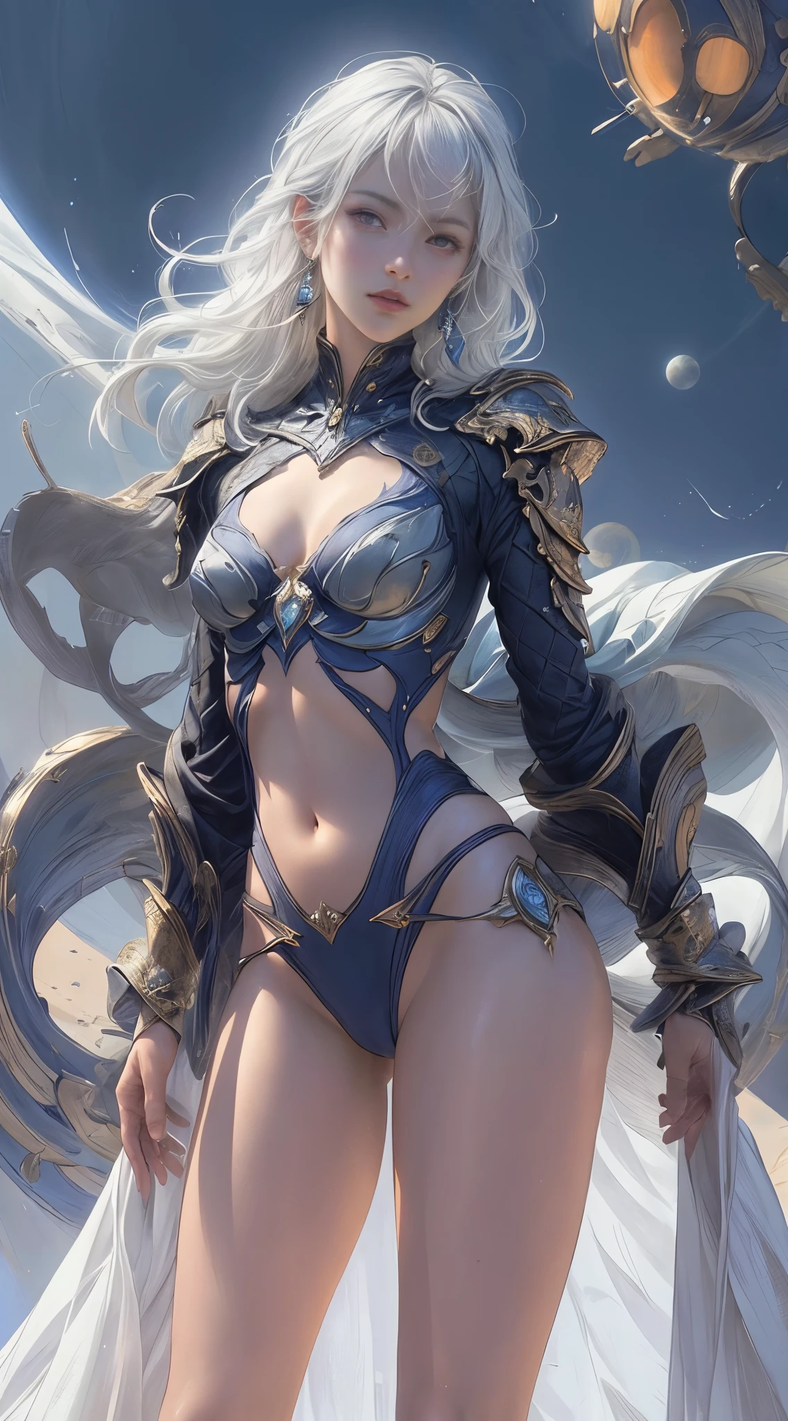 a beautiful girl, with big round eyes , alone, standing, open legs ,camel feet ,. Realistic appearance with detailed skin texture and well-defined lips . Background showing planets in an interdimensional space with a touch of fantasy . She has long, detailed white hair , wears an elegant white robe with fantasy design . Smaller breasts and a graceful figure , with a fantasy queen atmosphere . The environment includes A palace monumental in shades of blue and soft side lights that highlight the details. Digital Art in 8k, extremely detailed, with an anime aesthetic and fantastic art style . Majestic portrait of a beautiful fantasy queen , focusing on precise anatomy , realistic textures and cinematic lighting ."