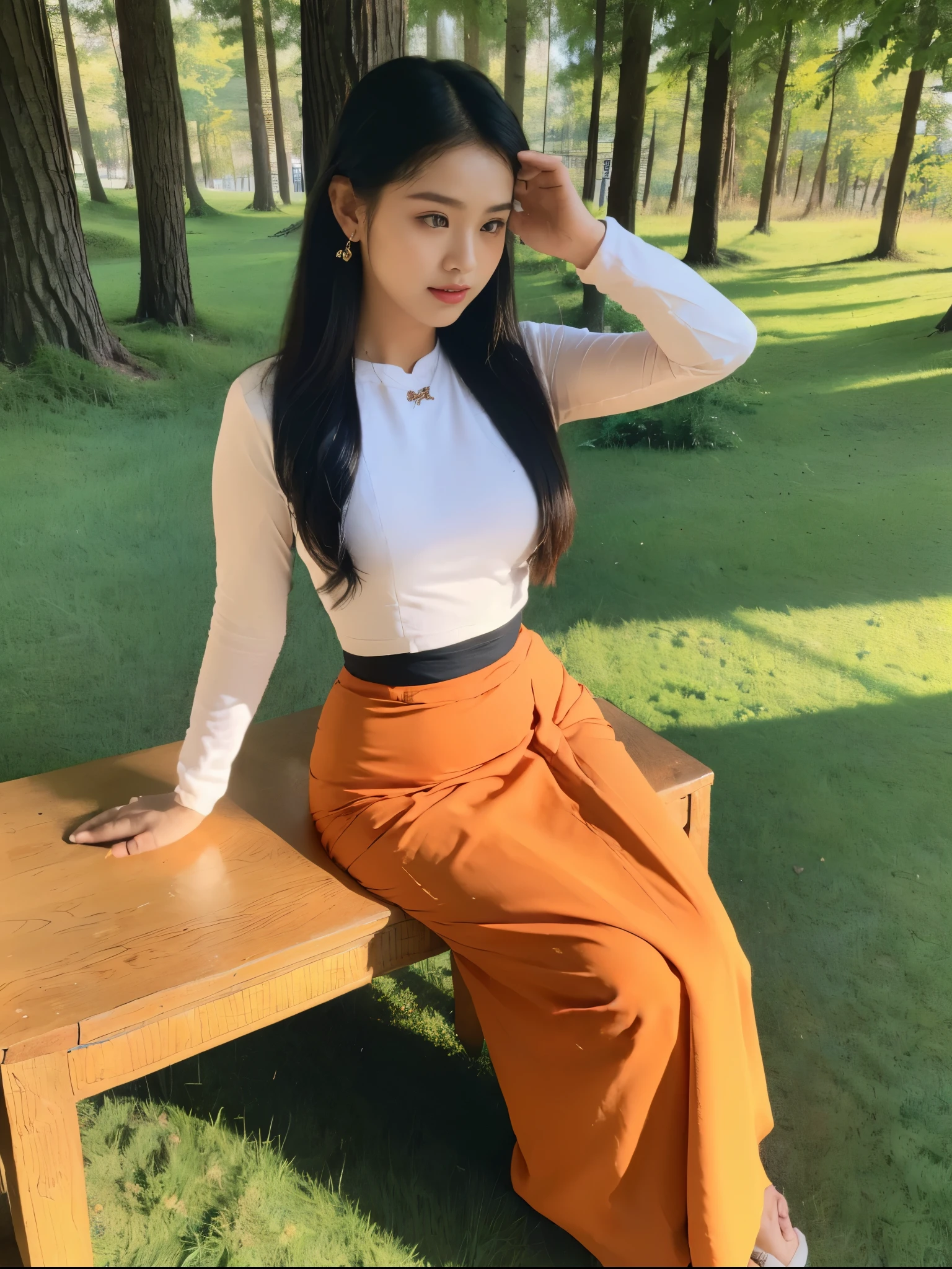 ((Best Quality, 8k, Masterpiece:1.3))), Crisp Focus: 1.2, (Beautiful Woman with Perfect Figure: 1.4) , wearing ninja mask, Burmese girl,all fours down, ,((Myanmar Teacher And Student Outfit, wearing acmm Pale Orange color top,wearing acmm dark red colour long skirt, ))beside view,In the forest background ,film effect 、best position,best composition, perspective view, ultra wide view,(best quality,4K,8K,highres,masterpiece:1.2),ultra-detailed,(realistic,photorealistic,photo-realistic:1.37),HDR,studio lighting,sharp focus,