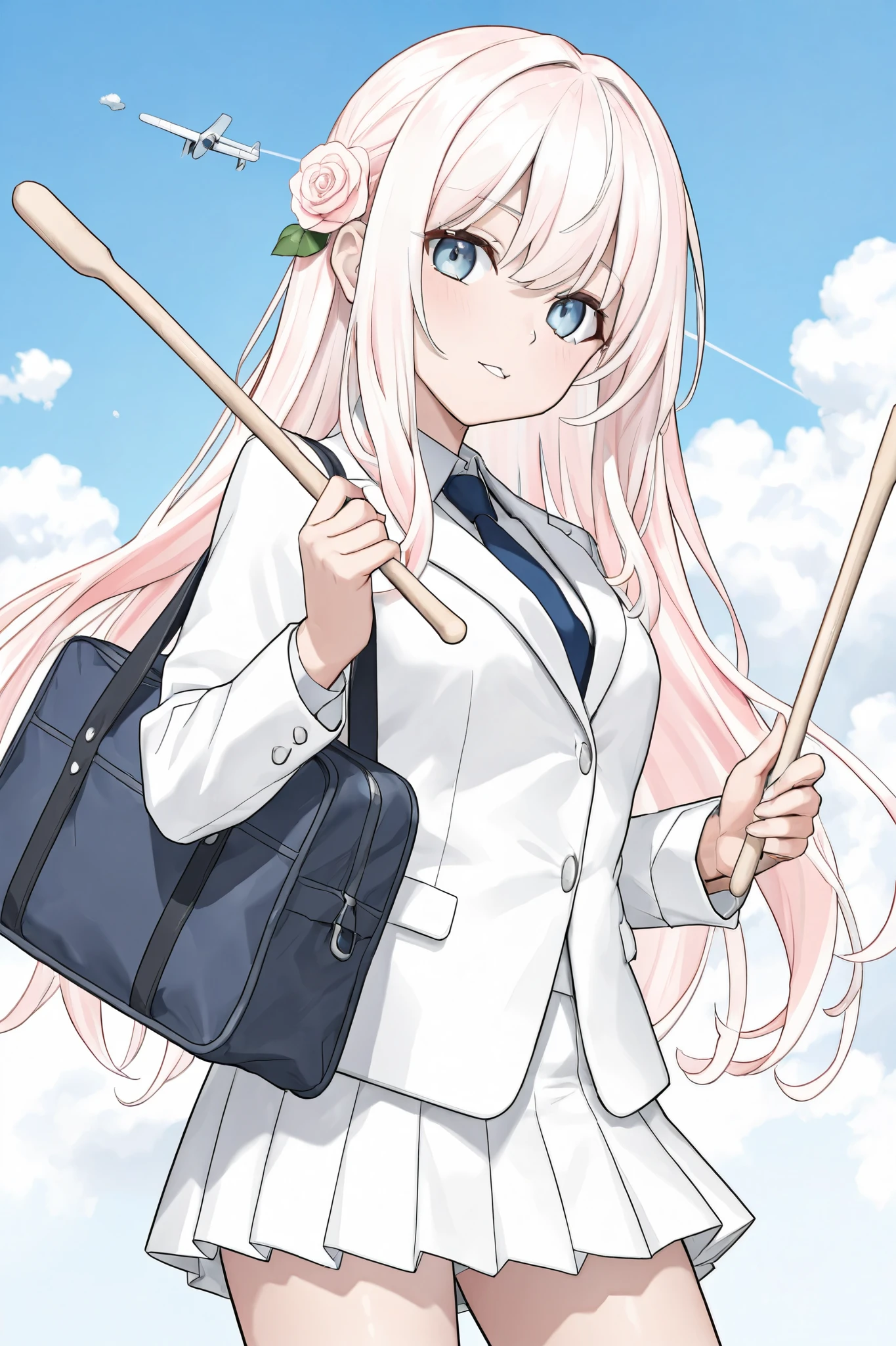 Carrying 2 drumsticks and carrying a schoolbag. The background is a small airplane passing by in a blue high sky with white clouds. Wearing a Japanese school suit . Warm rose-colored hair with long hair . A girl with clear blue eyes. Looking back