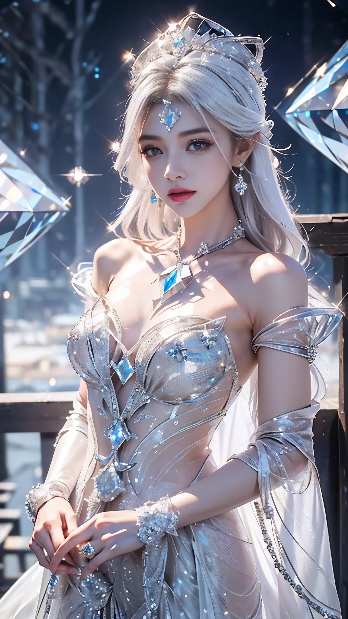 ((masterpiece)), ((Highest quality)), ((High resolution)), ((Detailed Background)), ((Highly detailed CG Unity 8k wallpaper)), alone, shiona, Silver Hair, Long Hair, blue eyes, Hair bundle, Cowboy Shot, Nude 1.5、Cover your chest with your hands、Another World View、universe space、