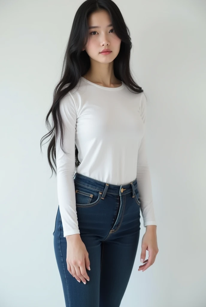 (top-quality, masterpiece,photo realistic,ultra-detailed,Textured skin:1.2),(Anatomically correct),(1 girl),(good hands), break (??????????? tshirts:1.2),(denim pants), break (saggy tits:1.3),long hair, break (japanese mature woman),(48 years old),smile,