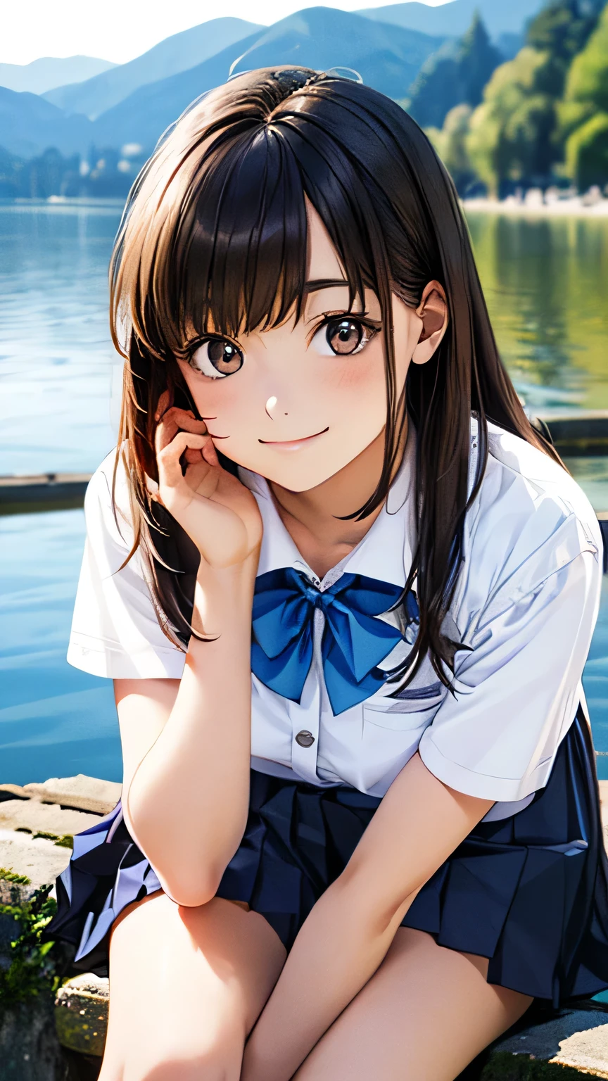(masterpiece:1.2, Highest quality), (Realistic, photoRealistic:1.4), Beautiful illustrations, (Natural Side Lighting, Cinema Lighting),
View your viewers, 1 girl, Japanese, Junior high school girl, 14 years old, Perfect Face, cute and symmetrical face, Glowing Skin, thin,
(Mid-length hair:1.2, Half Up:1.4, Light brown hair), Asymmetrical bangs, Brown eyes, Long eyelashes, (Mid-chest:0.7),
Beautiful Hair, Beautiful Face, Beautiful details, Beautiful clavicle, Beautiful body, Beautiful breasts, Beautiful thighs, Beautiful feet, Beautiful fingers, ((Very large saggy tits)), ((In underwear、White lace underwear))((Fullback panties))Underarm , Slightly , Very large breasts, Full body angle, 14 year old woman , Thick thighs
((Detailed cloth texture, Short sleeve white collar shirt, Blue pleated mini skirt, Blue bow tie)),
(Beautiful views), evening, (River side), Are standing, (cute, cute smile, Upward glance),
