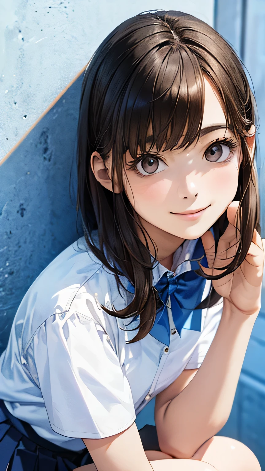 (masterpiece:1.2, top-quality), (realistic, photorealistic:1.4), beautiful illustration, (natural side lighting, movie lighting),
looking at viewer, 1 girl, japanese, junior high school girl, , perfect face, cute and symmetrical face, shiny skin, slender,
(middle hair:1.2, half updo:1.4, light brown hair), asymmetrical bangs, brown eyes, long eye lasher, (medium breasts:0.7),
beautiful hair, beautiful face, beautiful detailed eyes, beautiful clavicle, beautiful body, beautiful chests, beautiful thigh, beautiful legs, beautiful fingers,
((detailed cloth texture, short sleeve white collared shirt, blue pleated mini skirt, blue bow tai)),
(beautiful scenery), evening, (outdoors), squatting, (cute, lovely smile, upper eyes),