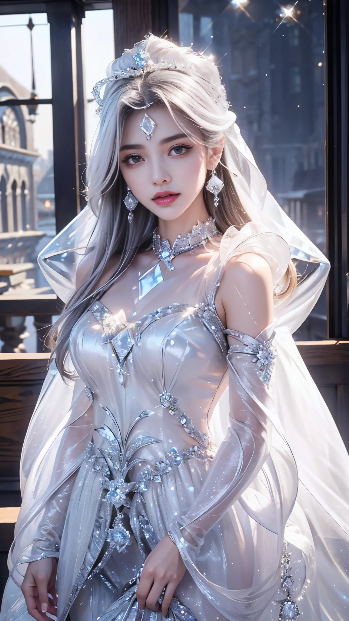 masterpiece, best quality, extremely detailed,cinematic lighting, finely detailed beautiful face and eyes, stoic, arrogant , long smooth shiny silver hair, Realistic lighting, pretty face , Body perfect anatomy,Top Quality, Top resolution, realistic , Cinematic, Aesthetic, beautiful girl , full body , princess in modest silk dress,