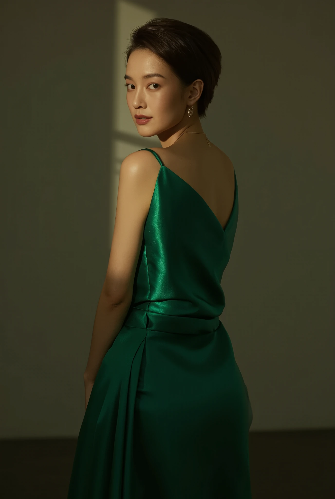Subjects and Ambiance: 
- Female subject, elegantly dressed in a long emerald silk dress. - Chic and sophisticated ambiance, reminiscent of a high-end fashion shoot. 

Lighting: 
- Use soft, diffused light to create a smooth, glowing skin effect.
- Place a key light (softbox) at 45 degrees from the subject, slightly above eye level.
- Add a reflector underneath to soften shadows under the chin and eyes.
- Use a backlight to create a subtle separation between the subject and the background. 

Camera and Lens: 
- Camera: Canon EOS R5.
- Lens: Canon RF 85mm f/1.2L USM.

Camera Settings:
- Aperture: f/2.0 for a beautiful bokeh effect.
- Shutter Speed: 1/125s to capture sharp details.
- ISO: 100 to minimize noise.

Shot:
- Use an American shot (mid-thigh to above the head) to highlight the subject's dress and elegance.
- Make sure the subject is turned slightly to the side, with the gaze directed towards the lens.
