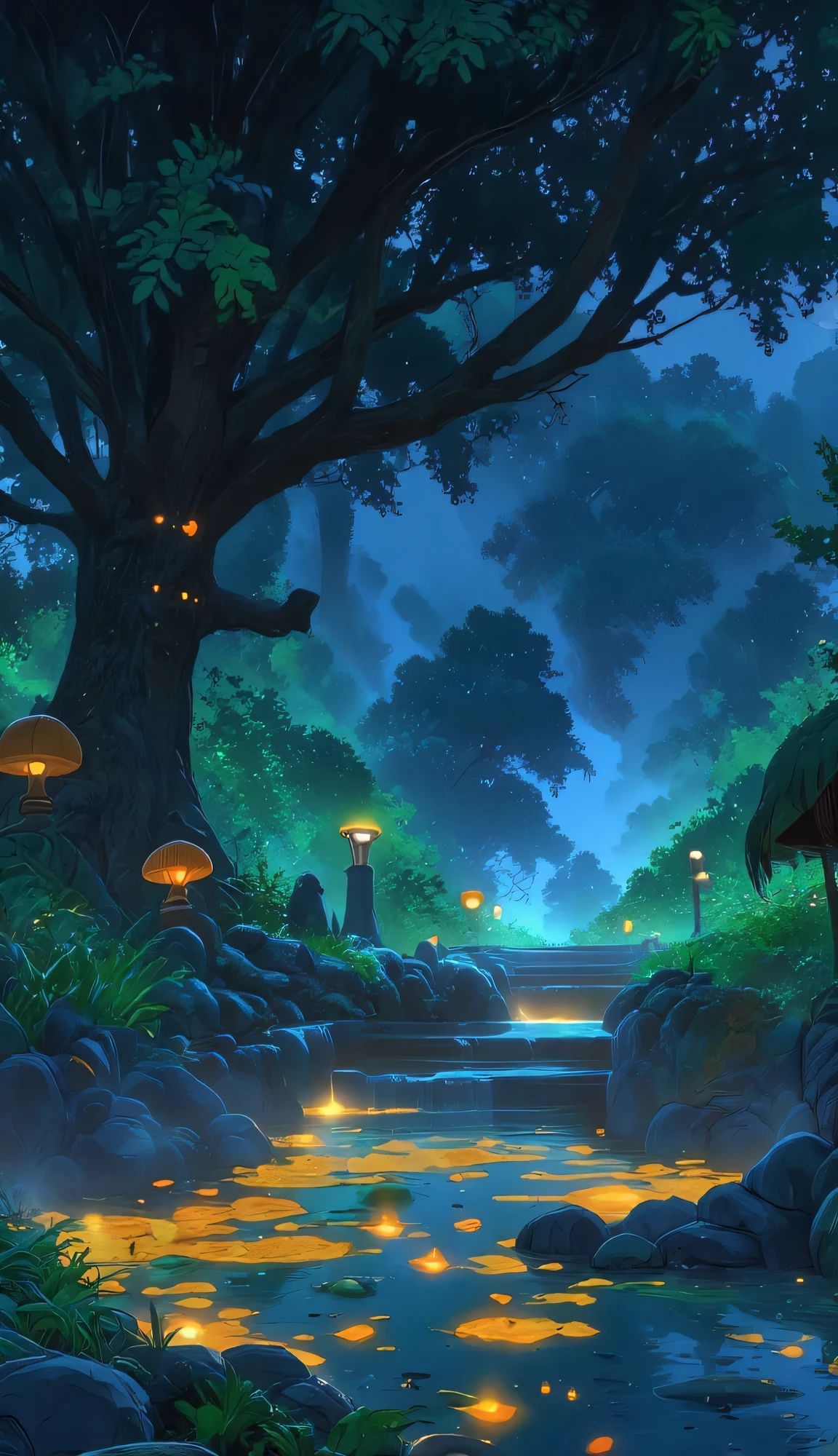 Viral anime nature wallpaper in 4K quality, inspired by the vibrant and fantastical style of Hayao Miyazaki's "Spirited Away." Depicts a hidden hot spring nestled within a lush, moss-covered forest. Steam rises from the natural pools, and colorful koi fish swim gracefully in the water. Large, ancient trees with glowing mushrooms adorn the forest floor. Use a vibrant and fantastical color palette with warm, atmospheric lighting. No human characters. The scene is magical and inviting.