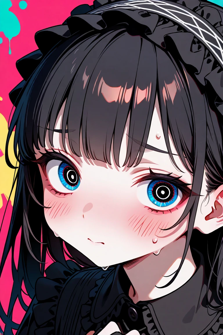 from above , focus round face , glossy lips girl , loose wide open mouth , euphoria smile , (vertical shadow on face:1.3) , (Drooling from the mouth:1.2) , Put hands on cheek