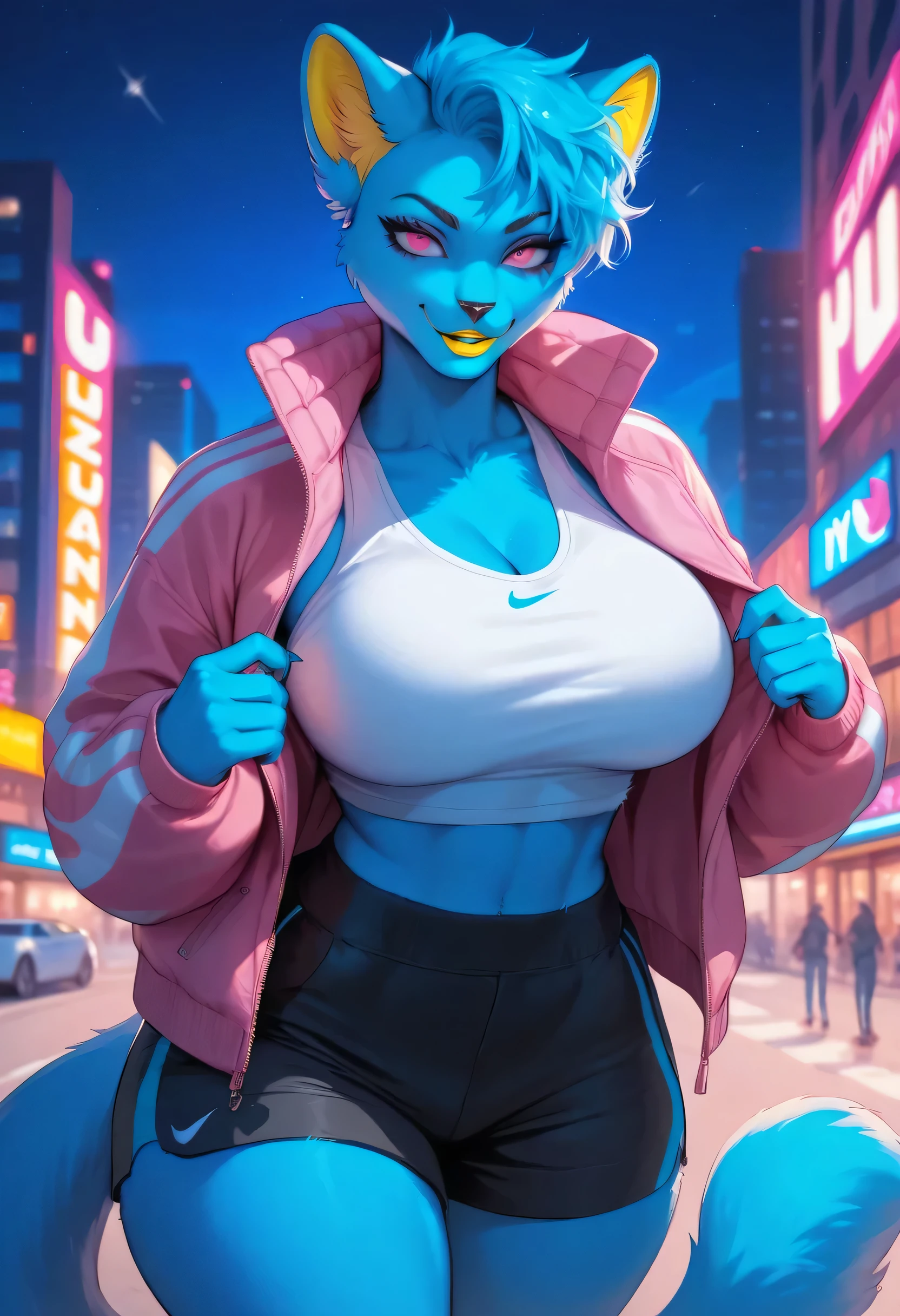 puma, blue fur, puma ears, puma tail, white top, open pink jacket, city, big breasts, yellow lipstick, woman, black shorts, night, pink eyes, Furry, MrBeast