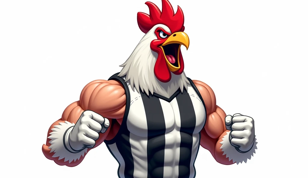 a bodybuilder rooster logo, in a cartoon style, featuring a muscular rooster with defined muscles and feathers, showcasing the logo clearly on its chest. The rooster is depicted in a detailed manner, with each muscle and feather meticulously drawn, creating an impressive and emphasized physique. The logo is prominently displayed, making it the focal point of the illustration. The overall style of the cartoon is lively and engaging, capturing the playful and energetic essence of a bodybuilder rooster.