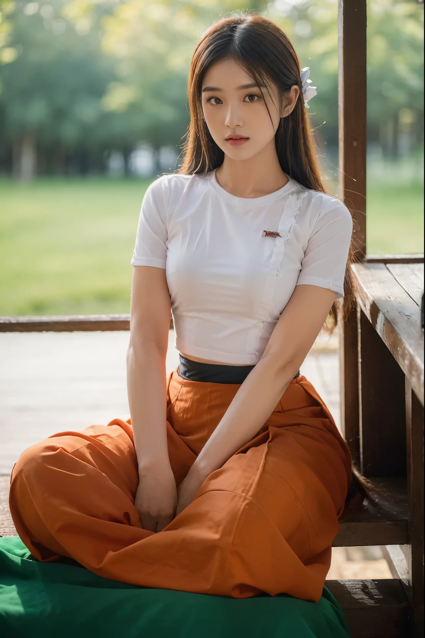 ((Best Quality, 8k, Masterpiece:1.3))), Crisp Focus: 1.2, (Beautiful Woman with Perfect Figure: 1.4) , wearing ninja mask, Burmese girl,all fours down, ,((Myanmar Teacher And Student Outfit, wearing acmm Pale Orange color top shirt,wearing acmm dark red colour long skirt, ))beside view,In the forest background ,film effect 、best position,best composition, perspective view, ultra wide view,(best quality,4K,8K,highres,masterpiece:1.2),ultra-detailed,(realistic,photorealistic,photo-realistic:1.37),HDR,studio lighting,sharp focus,