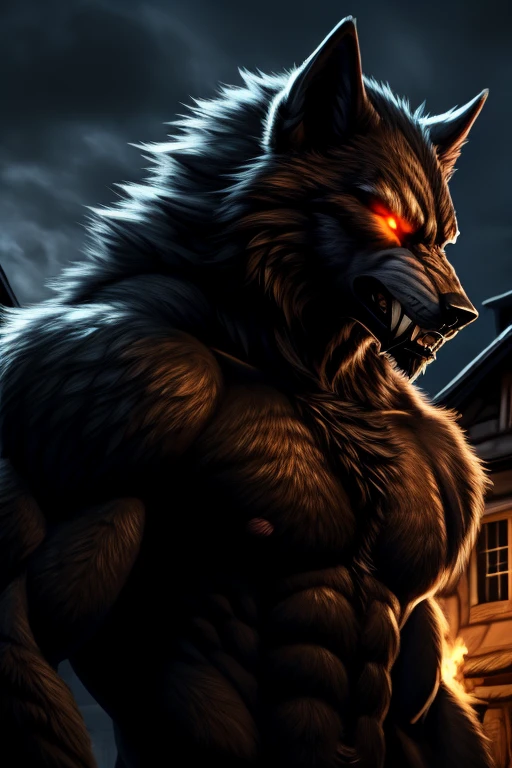 50 meter huge werewolf with a detailed black furred body and amber glowing eyes, snarling fangs, wolf tail, slim belly, towering over the houses of a village, night time, portrait with shoulders and chest, semi side angle
