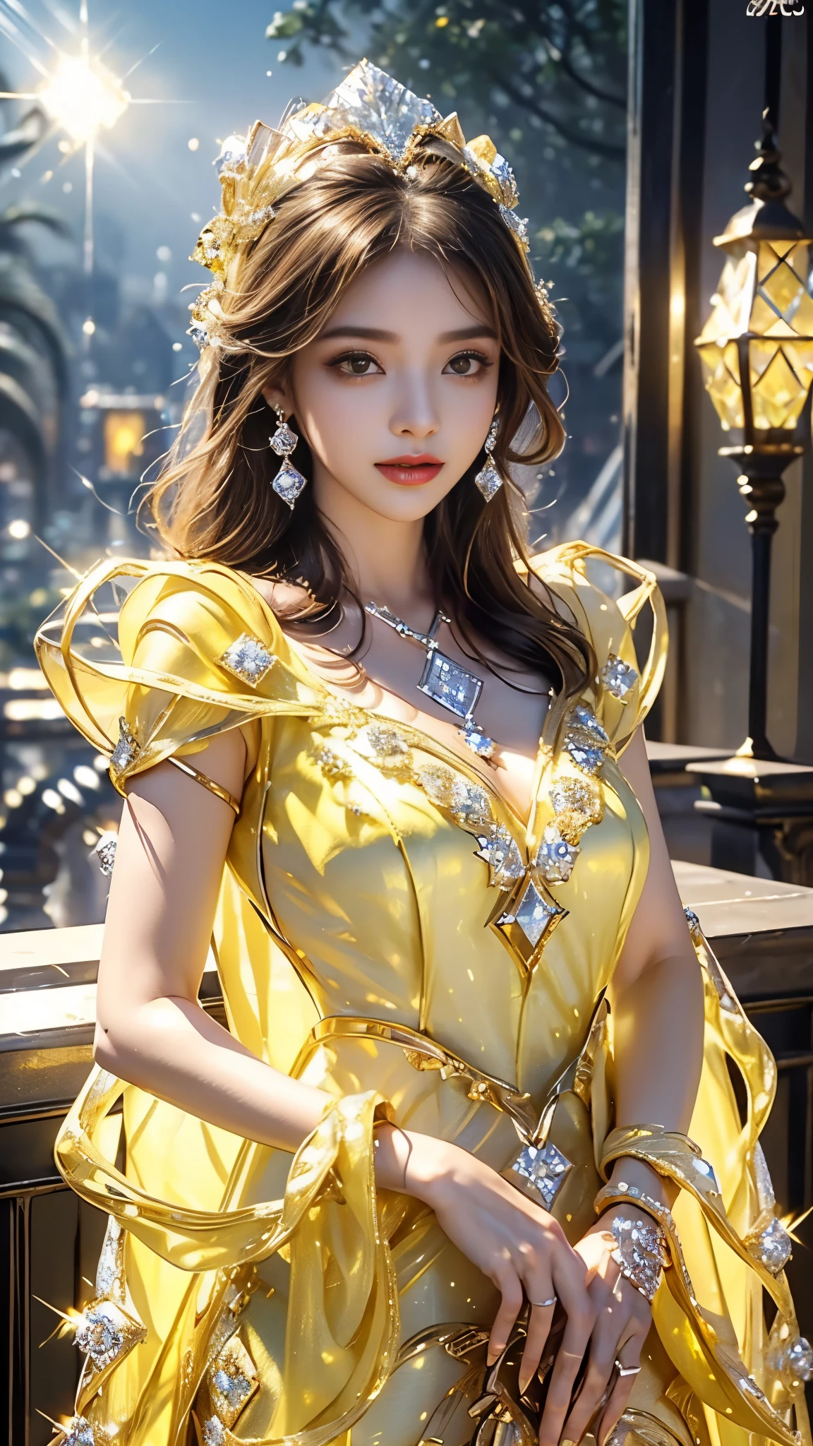 8K, UHD, MAsterpiece, best quality, 1 girl, (realistic face), happy pace, very long hair, small breasts, decorated dress, very beautiful ornaments dress, ((yellow and white color)), ((lace)), mesh dress, sardine, loops, legendary night balcony, depth of field, cinematic lighting, chromatic aberration, motion blur, glowing light, god rays, ray tracing, reflection light, backlighting, front short,