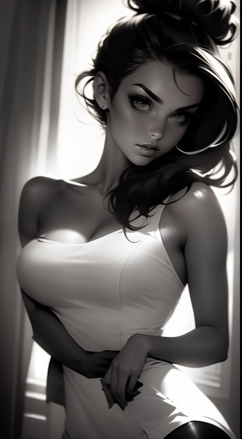 Alexandra Daddario ultra realistic, large round breasts, hard and pointy, beautiful and provocative, detailed eyes, thin waist, (wet hair, fulfilled black color), a beauty without equal. wears a white t-shirt of chiffon fabric (chiffon), short white skirt, sensual, beautiful, slender and elegant, on the bathroom door, bath, bedroom, bathroom, wet body, water running down the body, provocative pose, seductive, naughty smile, look and provocative face, (realistic and detailed photo, best quality, a masterpiece, 8K, strong and vibrant colors, color photo, hyper detailed), realistic style