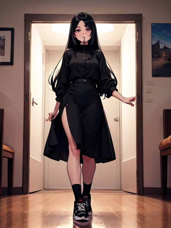 (1) A woman stands with her skirt rolled up, Exposed black lace panties.
(2) She is wearing a turtleneck knit and a pleated skirt.
(3) her hair is long black.
(4) The facial expression is a bewitching and provocative smile.
(5) The location is the living room of the apartment at night..