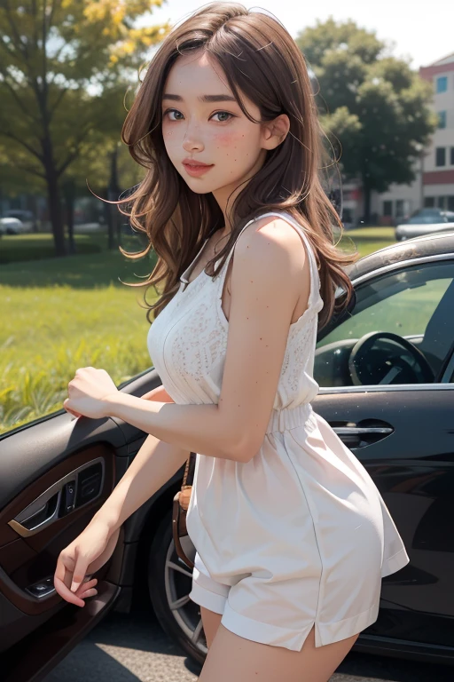 (masterpiece, Highest quality, 8K, High resolution),(Realistic skin texture, Perfect Face, Realistic, Perfect hands, Perfect finger count, Japanese, Girl), (16 years old), Big Eyes, Brown eyes, Light brown hair, Super long hair, Red hair ribbon, Small face, Smile, (Lace frilled mini dress, Cameltoe)), motor Show, Jump, Hair blowing in the wind, Low - Angle