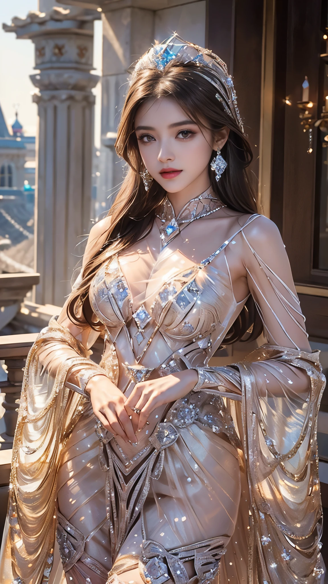 （European medieval manor：1 silver-haired girl，sliver long hair, Kneeling pose）， tmasterpiece， best qualtiy， RAW photogr， realisticlying， the face， Incredibly Ridiculous res， Beautiful elf beauty， ear studs， (Long silver hair)，(Light yarn wedding dress)，(Tulle dress long)，Conservative attire，stocklings，(Ribbon heels+)，depth of fields， A high resolution， ultra - detailed， filigree， RAWE is very detailed， very detailed eyes and faces， Sharp pupils， realistic pupil， tack sharp focus， cinmatic lighting，full bodyesbian，Bigboobs，long leges，From the front side，dynamicposes