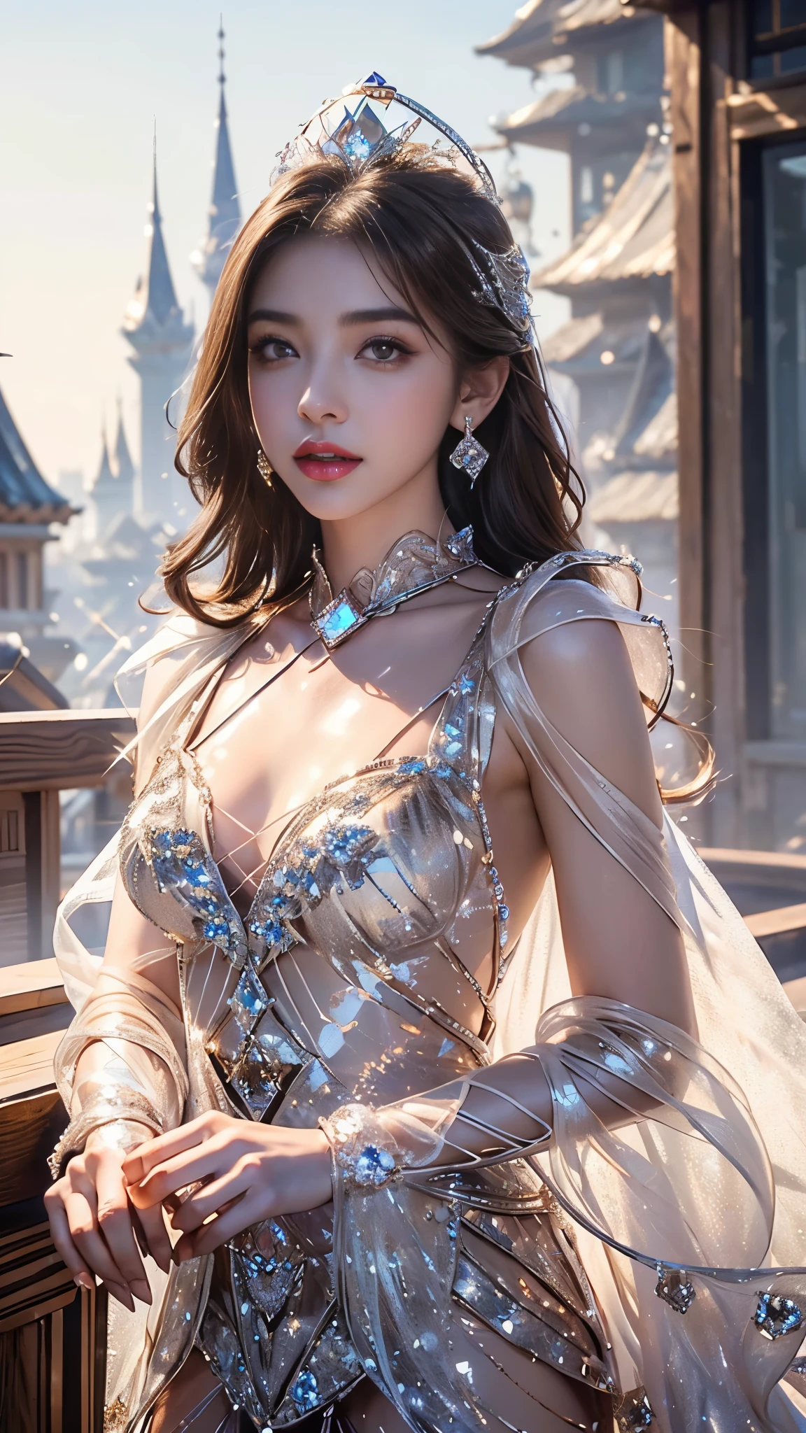 8K, UHD, Masterpiece, extreme quality, 1 girl, good face, detailed eyes, very long hair, detailed lips, small breasts, detailed empress fantasy dress, silver fantasy dress, ((glowing dress:1.4)), lace, (bare waist:1.5), flowing sardine, beautiful fantasy, fantasy empress, beautiful alluring Realistic art,  shining skin, in the balcony, Realistic shadow, depth of field, ray tracing, god rays, bloom, bokeh effect,