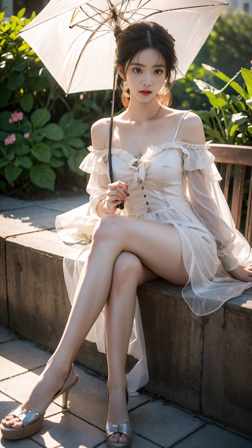 (best quality, masterpiece, high resolution, glow, flood, lens glare, wide angle), sunlight, full body, 1 [Chinese|Russian|Japanese|Korean] girl, giggling all over red, necklace, jewelry, long hair, earrings, super delicate face, beautiful face, full face blush, perfect eyes (very long eyelashes: 1.4), glowing pupils, (white stockings: 0.9), realism, (high detail skin: 1.2), 8k ultra hd, DSLR, high quality, volumetric illumination, frank, High resolution, 4K, 8K, background bokeh, dream forest, feather drop effect, morning, foreground